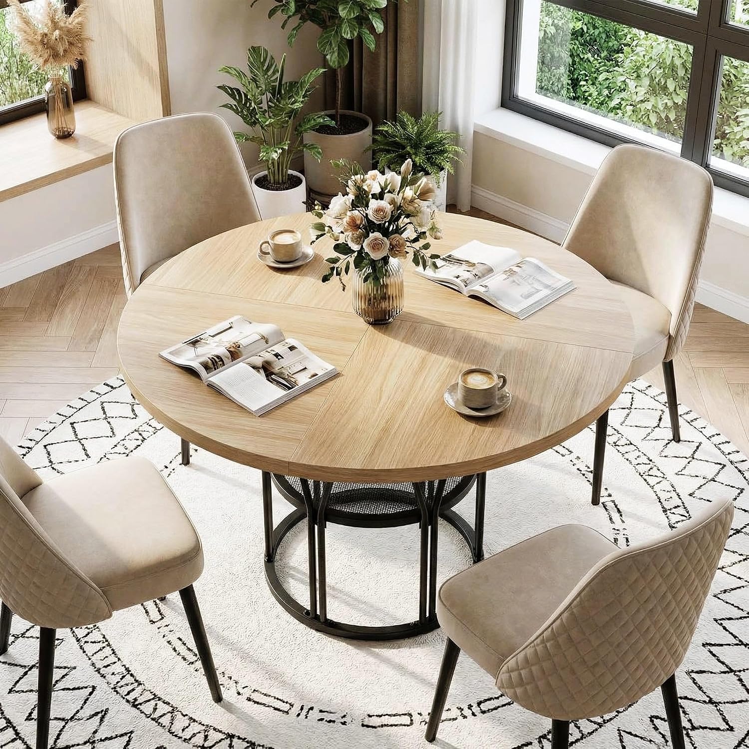 Garvee Round Dinning Table for 4-6 - 47' Circle Dinner Table with Storage Shelf & Sturdy Metal Frame, Modern Breakfast Tea Desk for Kitchen, Living Room, Apartment, Office, Natural