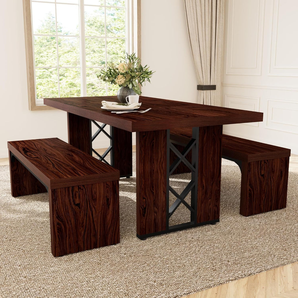 HIPIHOM 3-Piece Dining Table Set for 6 People, 70.8'' Rectangle Kitchen Table with 2 Benches for Breakfast Nook, Dining Room Furniture(Walnut Table+2 Benches)