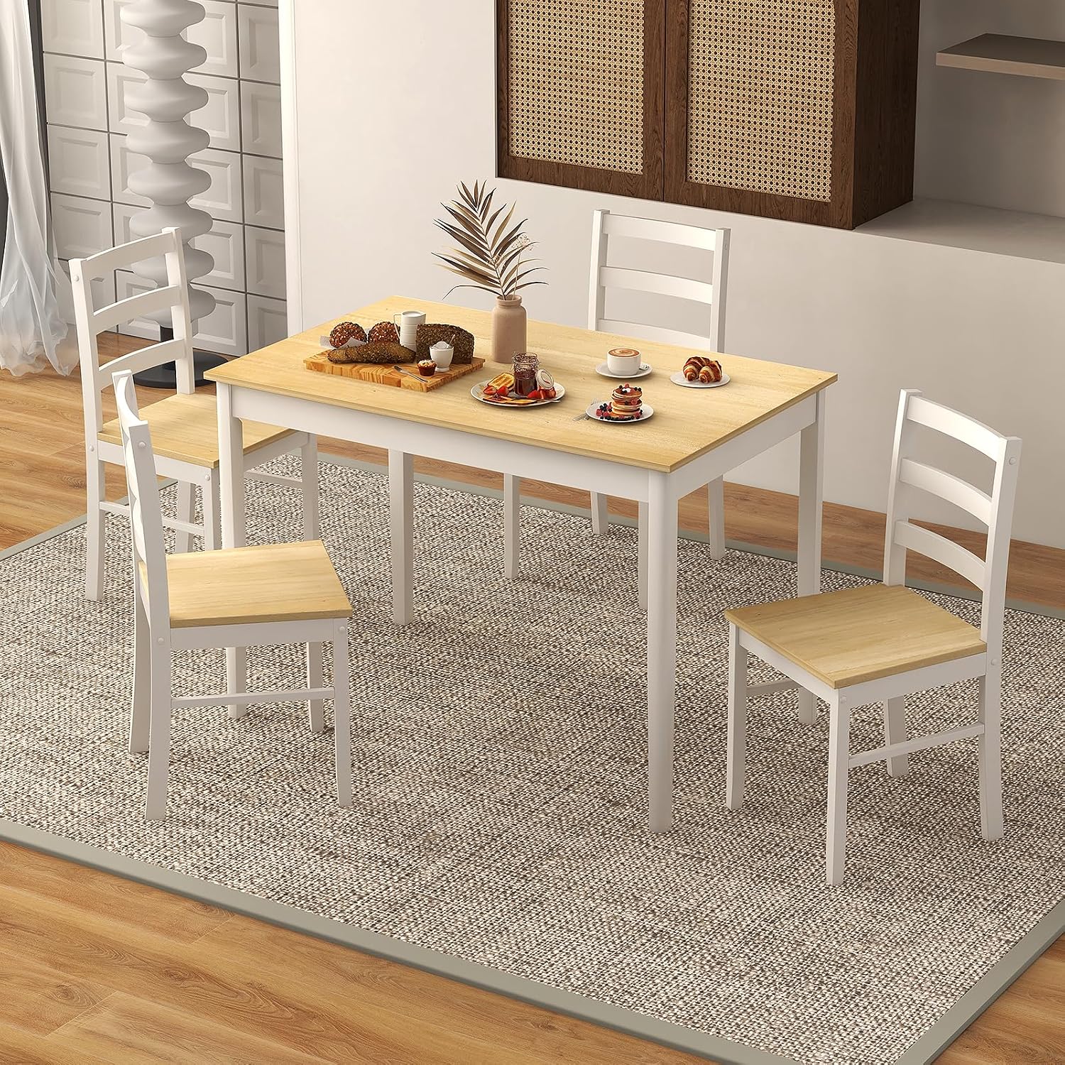COSTWAY Dining Table Set for 4, Wood Kitchen Table Chairs Set with Rubber Wood Legs, Space-Saving Design, Modern 5-Piece Dinette Set for Small Place, Kitchen, Dining Room, Restaurant (Natural)