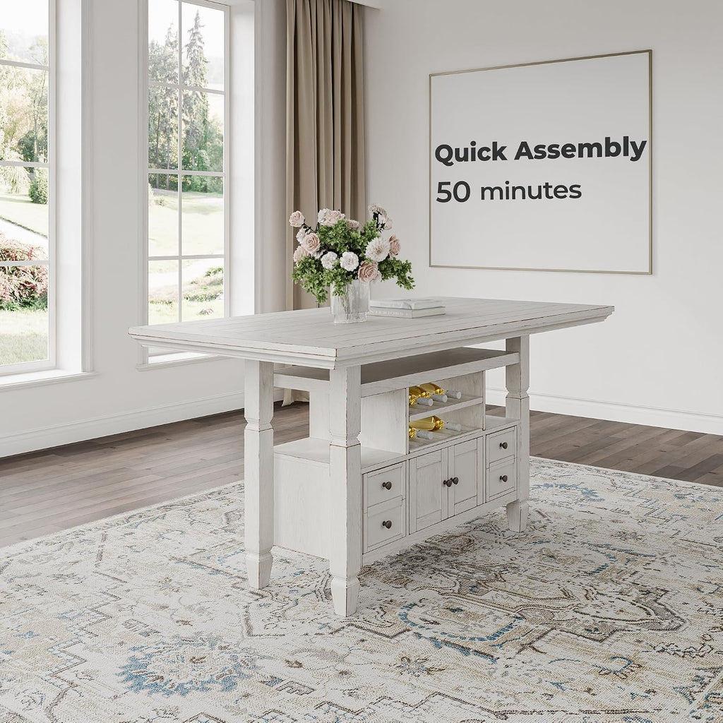 Signature Design by Ashley Robbinsdale Casual Counter Height Dining Table with 10 Bottle Wine Storage, Open Shelves, Drawers and Cabinet, Antiqued White Finish, 36' W x 72' L x 37' H