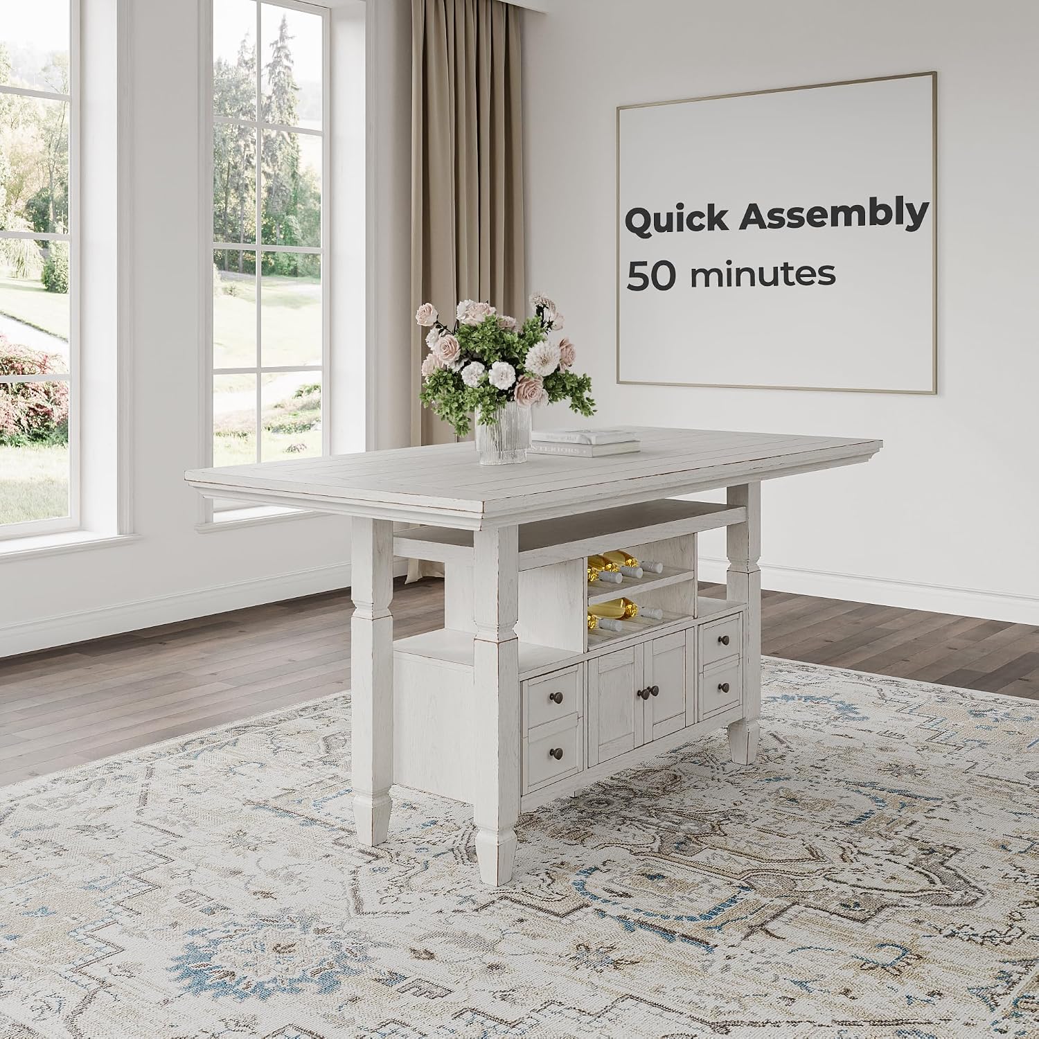 Signature Design by Ashley Robbinsdale Casual Counter Height Dining Table with 10 Bottle Wine Storage, Open Shelves, Drawers and Cabinet, Antiqued White Finish, 36' W x 72' L x 37' H