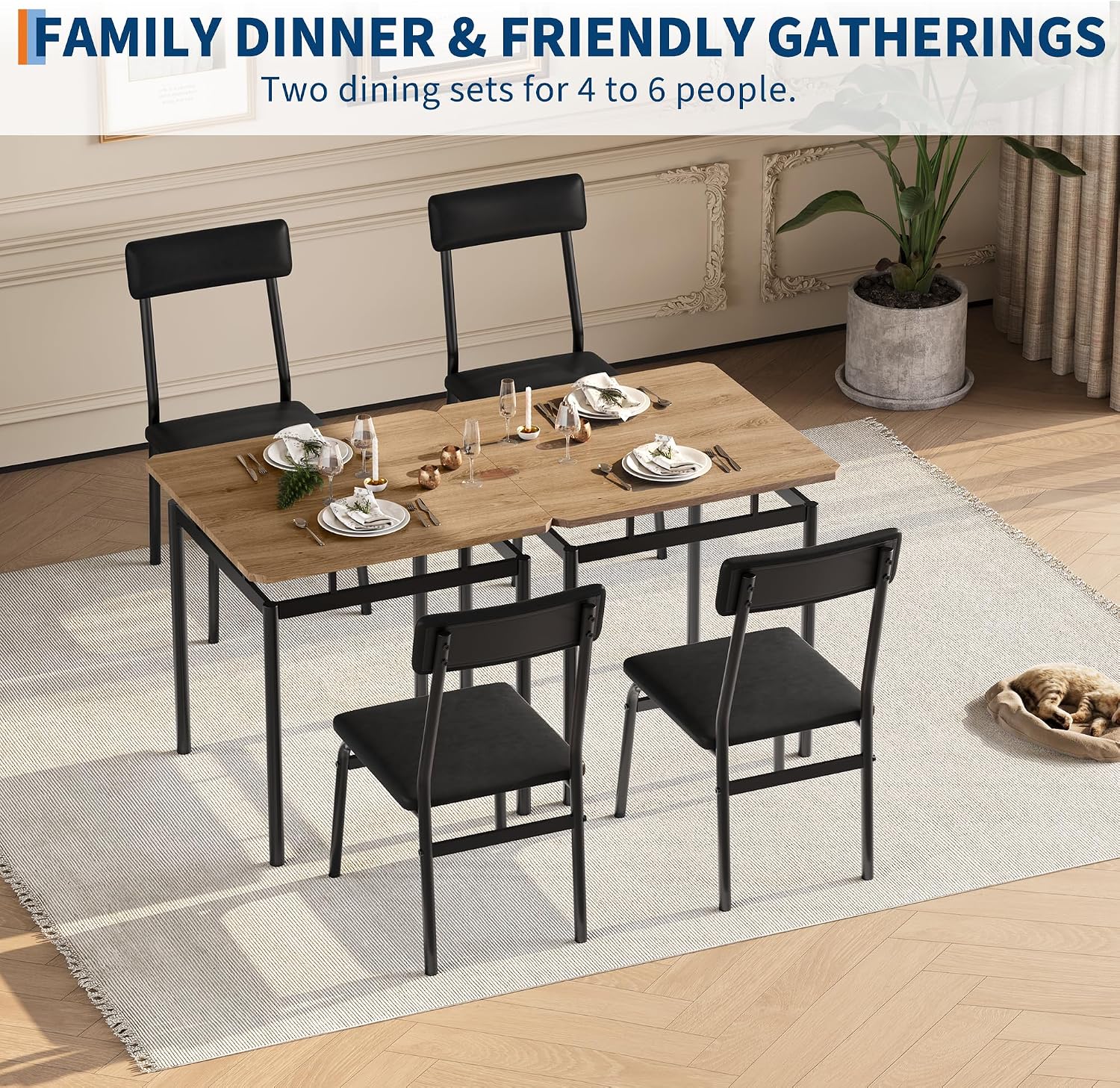 Garvee 3 Piece Dining Table Set, Kitchen Table Set for 2 with 2 PU Upholstered Chair, Industrial Metal Frame Dinette Set for Small Space, Dining Room, Apartment, Studio, Black