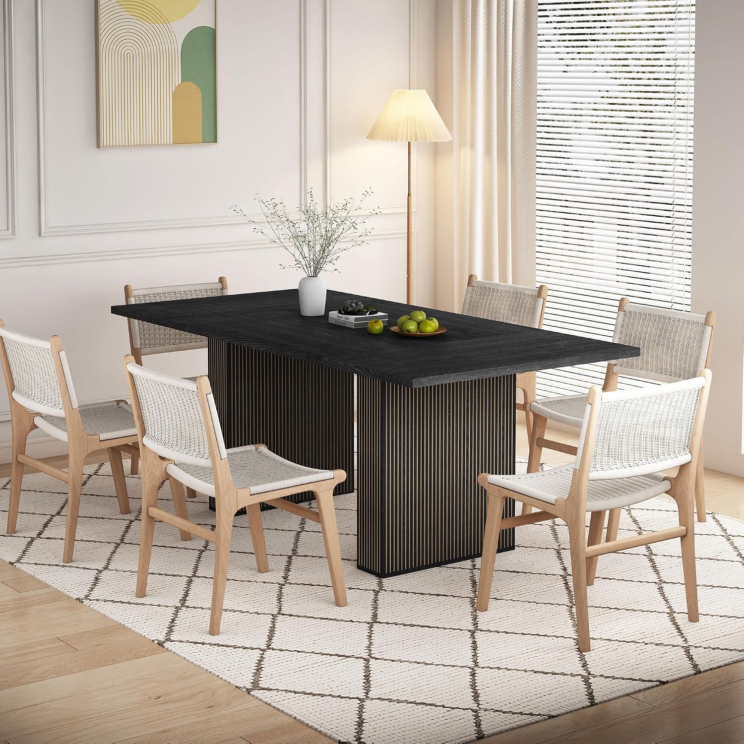 78 Inch Dining Table for 6 8 10, Modern Farmhouse Rectangular Kitchen Table, Dining Room Long Tables with Wood Strip Base for Kitchen Living Room (Black)