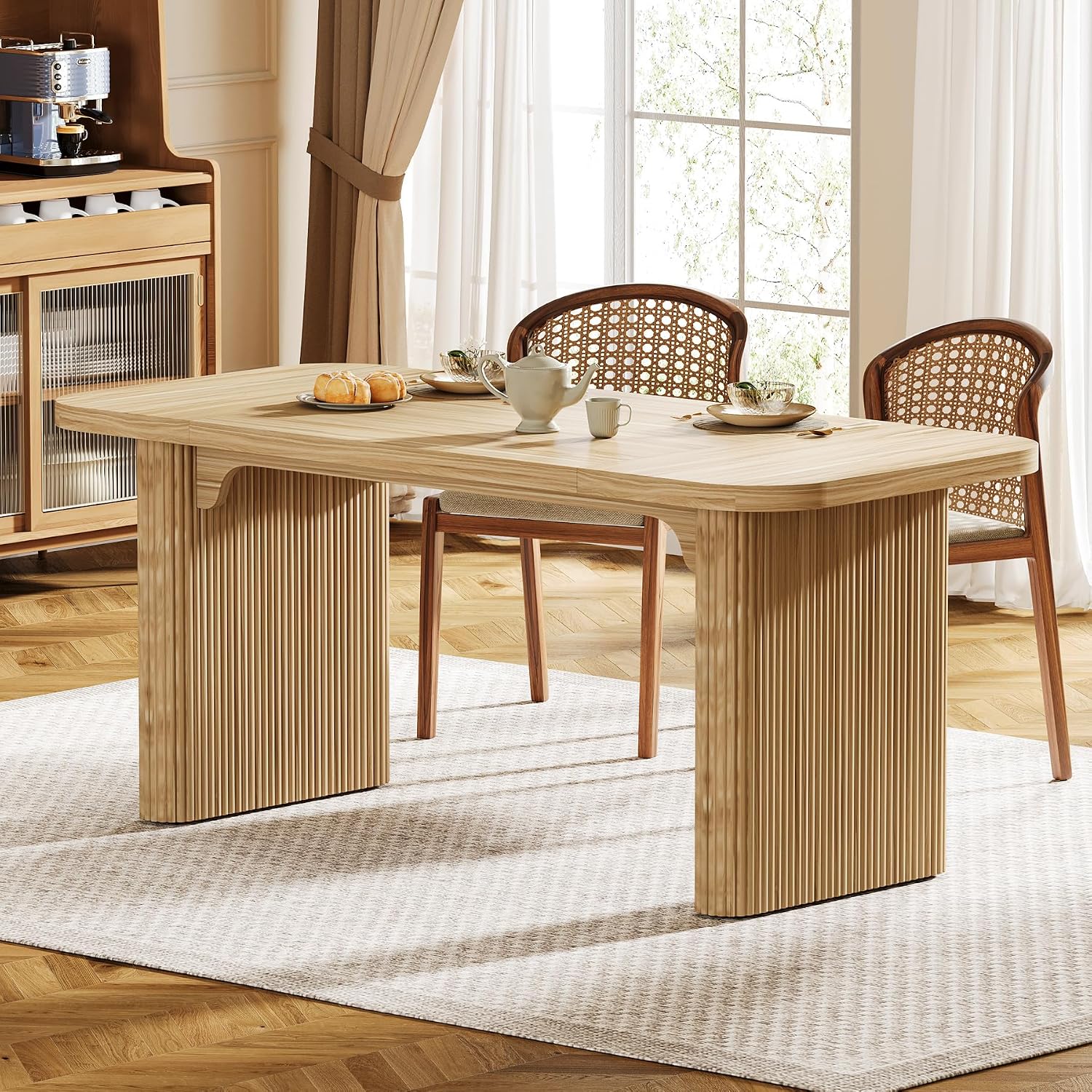Tribesigns Modern Dining Table for 6 People, 62-Inch Natural Wood Kitchen Table with Double Robust Pedestal, Long Rectangle Wooden Dinner Table for Dining Room