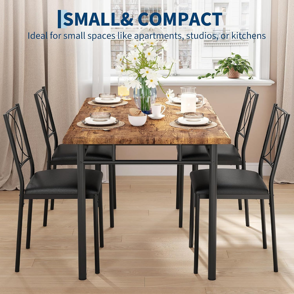Garvee Dining Table Set for 4, Small Kitchen Table with Upholstered Chairs, Farmhouse Wood Dining Table Chairs for Kitchen Room, Small Spaces, Apartment, Brown
