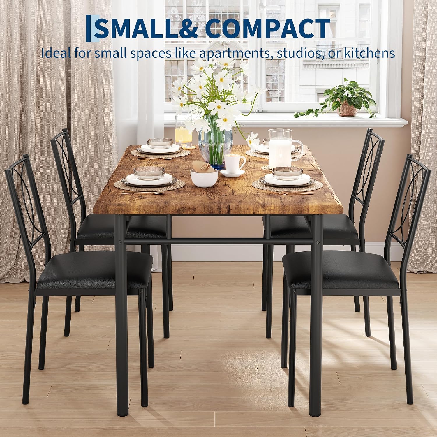 Garvee Dining Table Set for 4, Small Kitchen Table with Upholstered Chairs, Farmhouse Wood Dining Table Chairs for Kitchen Room, Small Spaces, Apartment, Brown