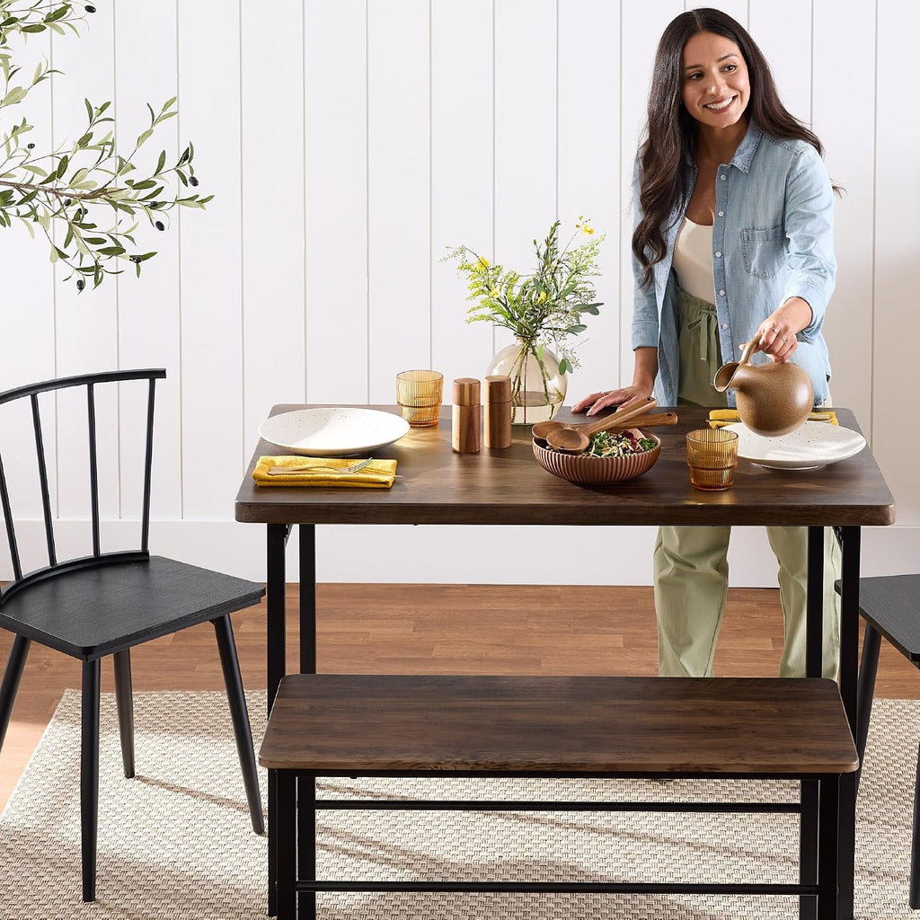 Best Choice Products 4-Piece Farmhouse Dining Table Set w/ 2 Black Spindle Chairs, Dining Bench, Kitchen Table, Windsor Chairs - Gray