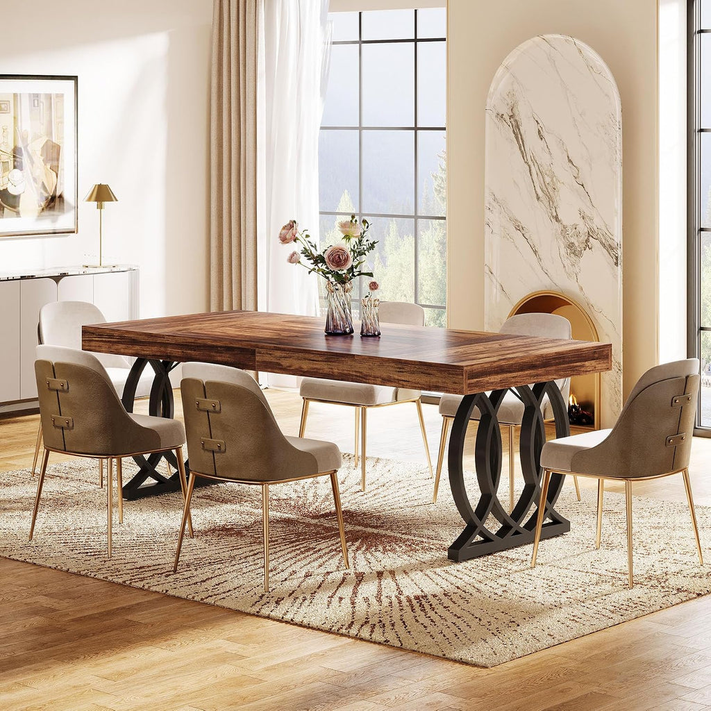 Tribesigns 63-Inch Dining Table for 4-6, Modern Kitchen Table with Faux Marble Tabletop and Geometric Legs, Rectangle Dining Room Furniture for Living Room, Kitchen, Rustic Brown and Black
