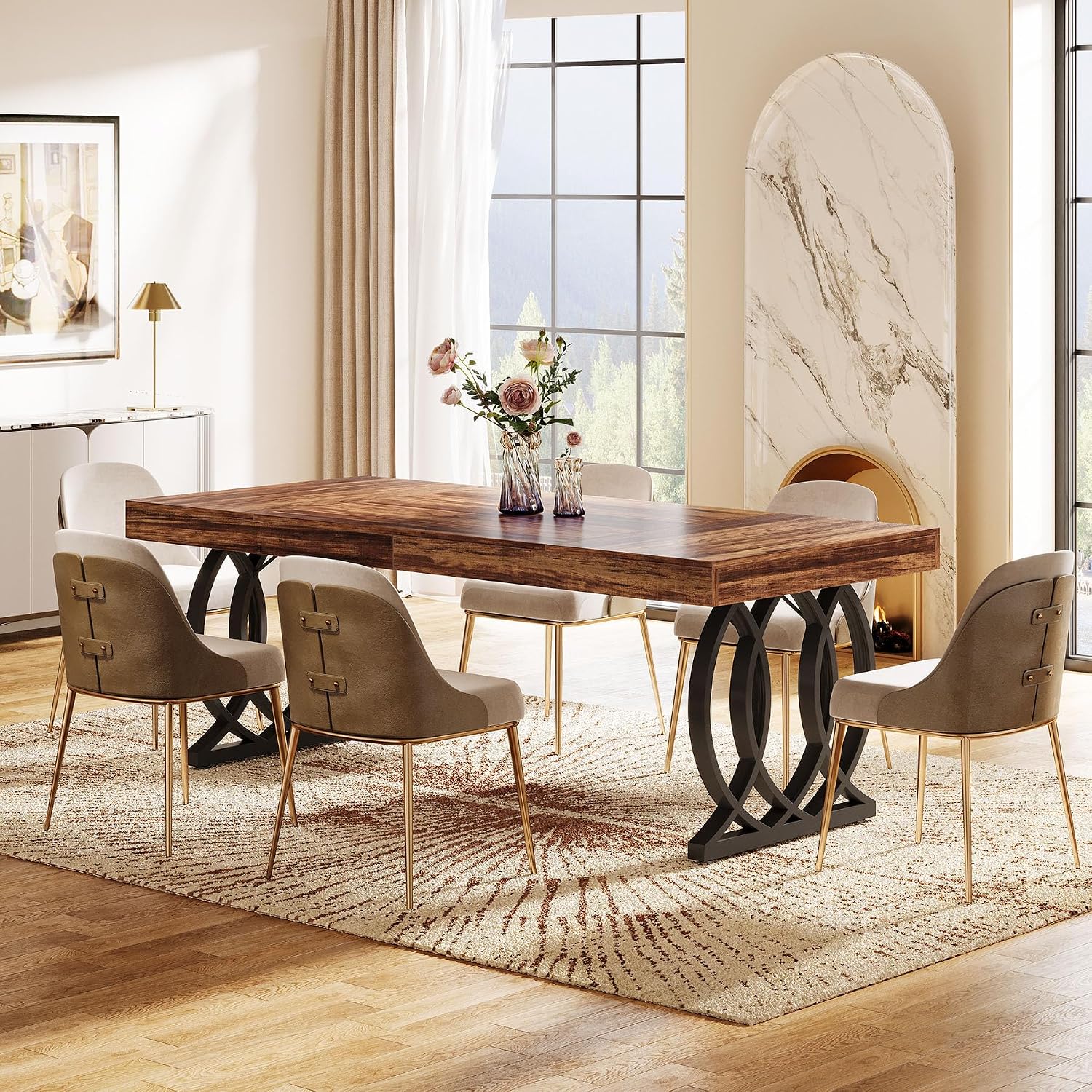 Tribesigns 63-Inch Dining Table for 4-6, Modern Kitchen Table with Faux Marble Tabletop and Geometric Legs, Rectangle Dining Room Furniture for Living Room, Kitchen, Rustic Brown and Black
