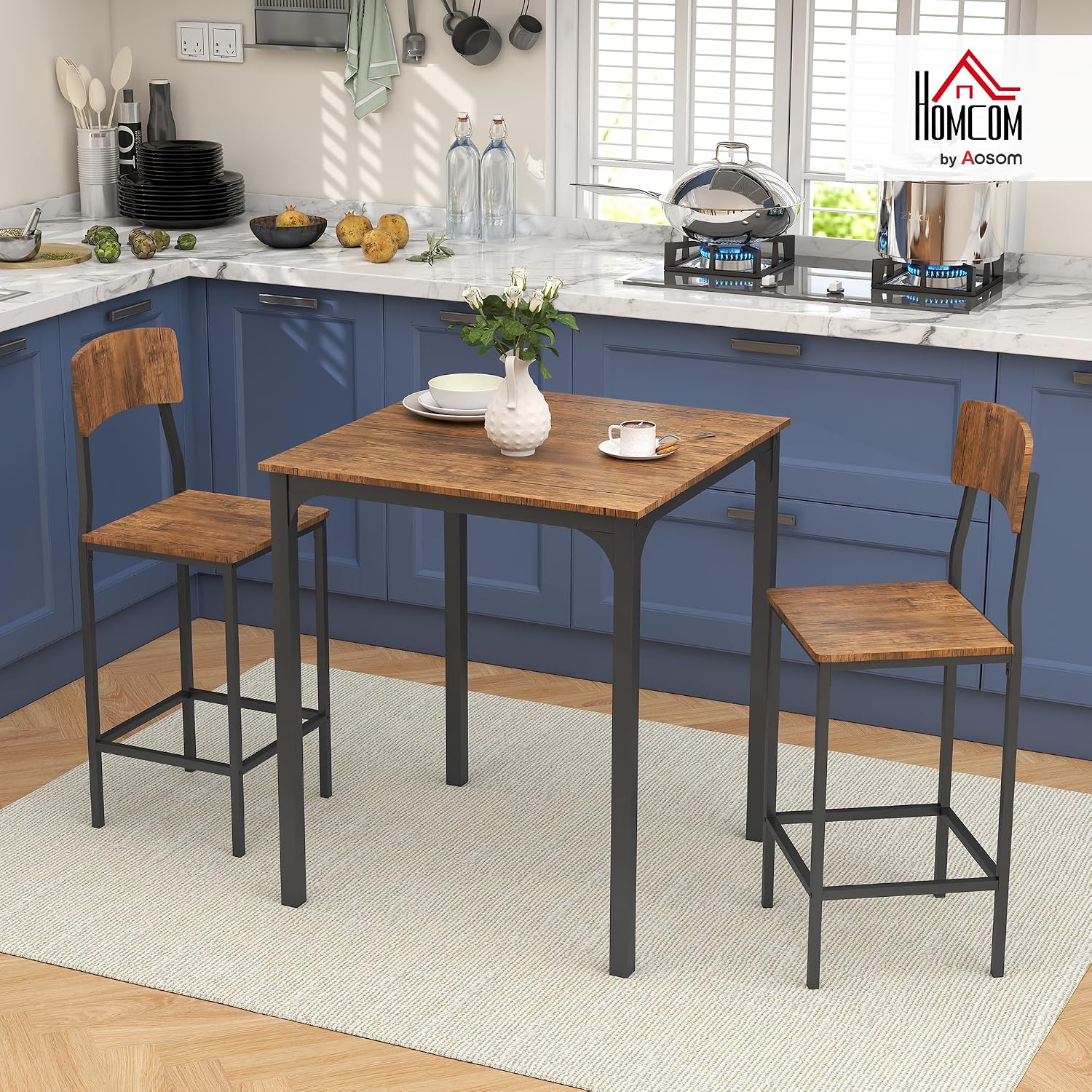 HOMCOM 3 Piece Industrial Counter Height Dining Table Set, Bar Table & Chairs with Steel Legs & Footrests, Black