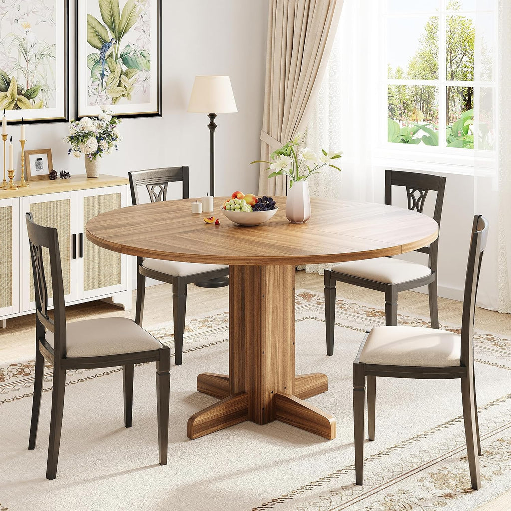 IDEALHOUSE Round Dining Table for 4-6 People, 47' Wood Kitchen Table with Sturdy Pedestal Base, Farmhouse Circle Dinner Tables for Dining Room, Living Room, Apartment, Walnut