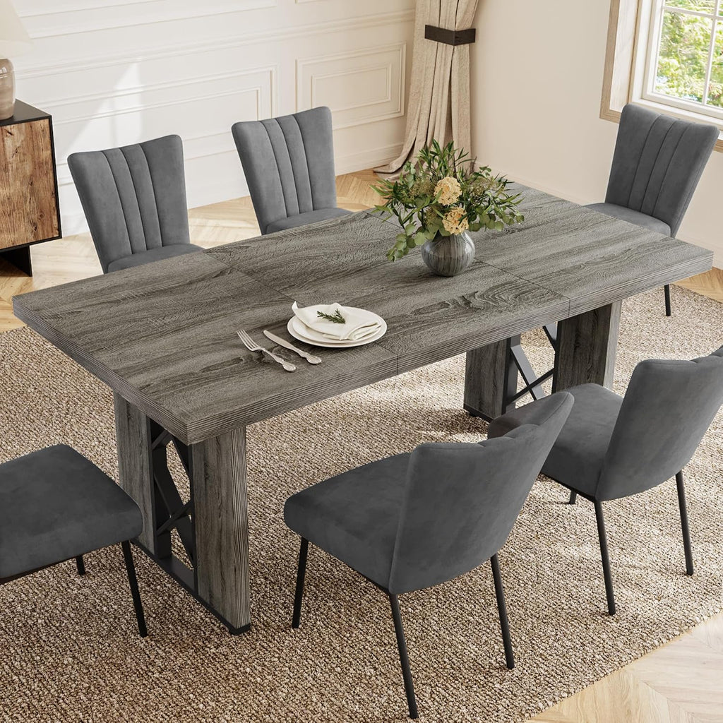 HIPIHOM 7-Piece Dining Table Set for 6 People, 70.8' MDF Kitchen Table with 6 Velvet Chairs, Space-Saving for Dining Room, Breakfast Nook(Grey Table+6 Grey Chairs)