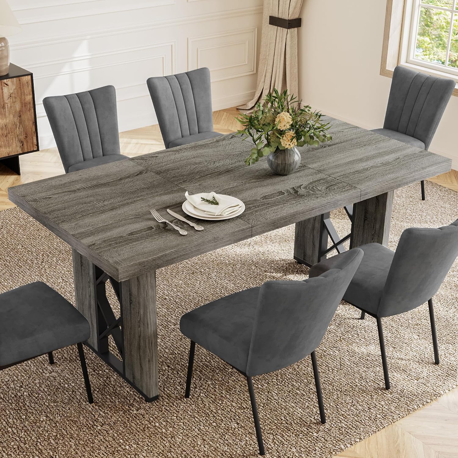 HIPIHOM 7-Piece Dining Table Set for 6 People, 70.8' MDF Kitchen Table with 6 Velvet Chairs, Space-Saving for Dining Room, Breakfast Nook(Grey Table+6 Grey Chairs)