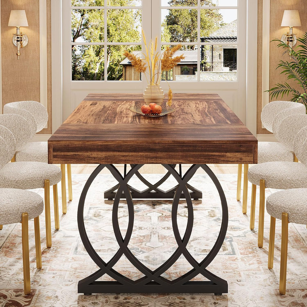 Tribesigns 63-Inch Dining Table for 4-6, Modern Kitchen Table with Faux Marble Tabletop and Geometric Legs, Rectangle Dining Room Furniture for Living Room, Kitchen, Rustic Brown and Black