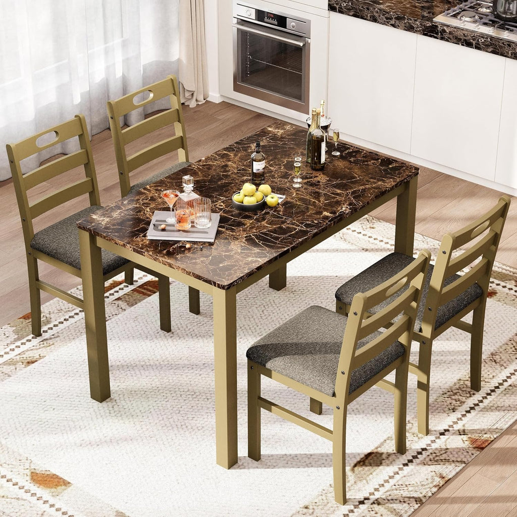 PHI VILLA Solid Wood Dining Table Set for 4, Marble Design Kitchen Table Chairs Set of 4, 5 Piece Space-Saving Dining Room Table Set for Apartment, Emperador Dark Marble& Olive