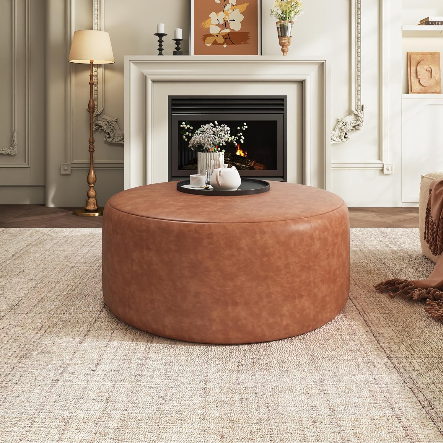 Christopher Knight Home GAVI PU Leather Ottoman Foot Stool, 30' Pouf Footstool Ottoman Seat, Upholstered Foot Chair, Round Footrest, Modern Side Table for Living Room Bedroom Home Decor, Cognac Brown