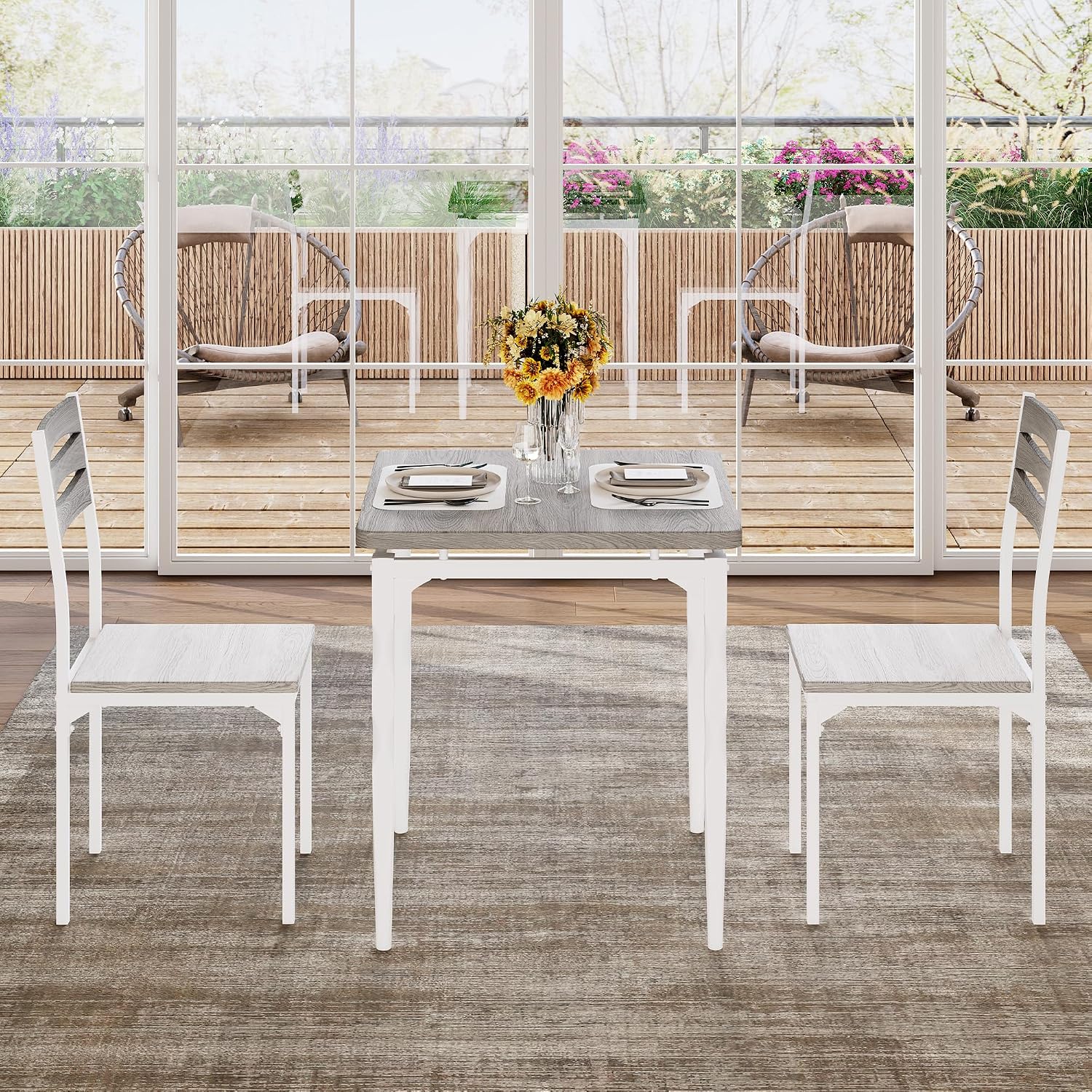 GarveeHome Dining Table Set for 2, Dining Table and Chairs Set of 2, 3 Piece Dining Table Set with Spiral Table Legs for Small Spaces Kitchen Apartment, Wash Grey