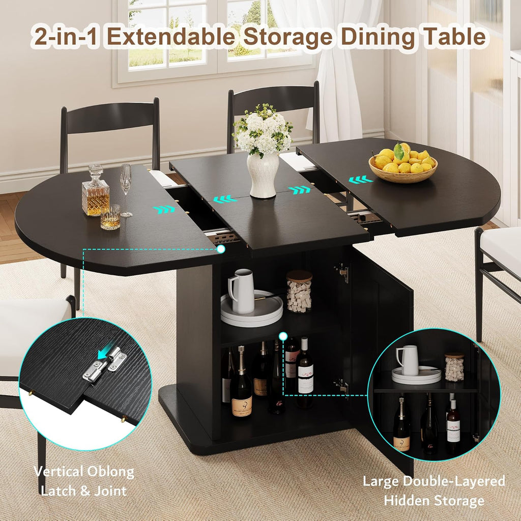 iPormis Round Dining Table for 4-6, 59'' Extendable Dining Room Kitchen Table with 2-Tier Storage Shelf, Wood Dinner Table with Door, Sturdy Pedestal Base, Space Saving, Kitchen, Dining, Black