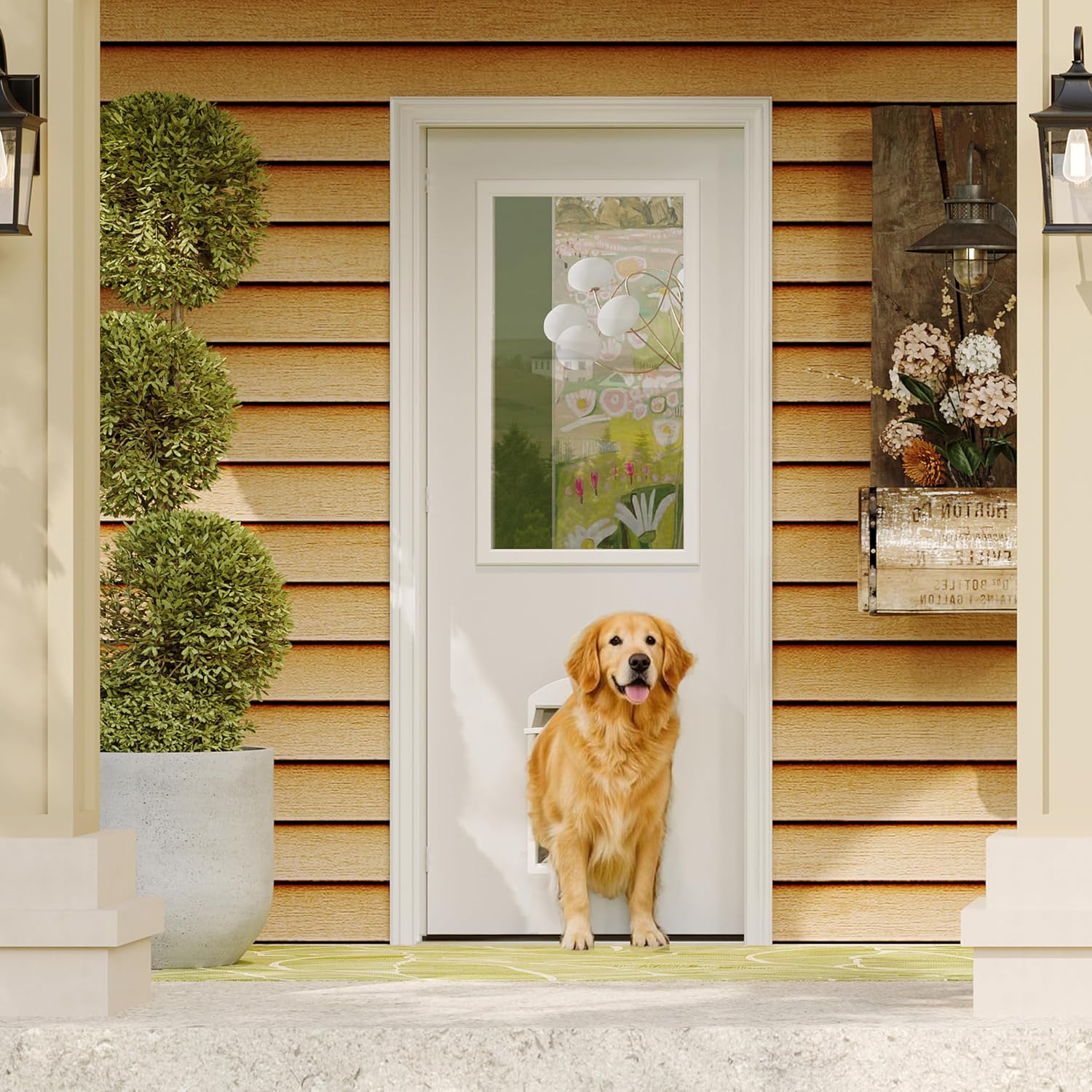Front Door，1-Lite Exterior Door with Pet Door, Left-Handed, 30' x 80' Clear Glass Entry Door, Solid Wood & MDF Construction, Prehung Door Jamb & Threshold Hardware Kit, Waterproof Primer