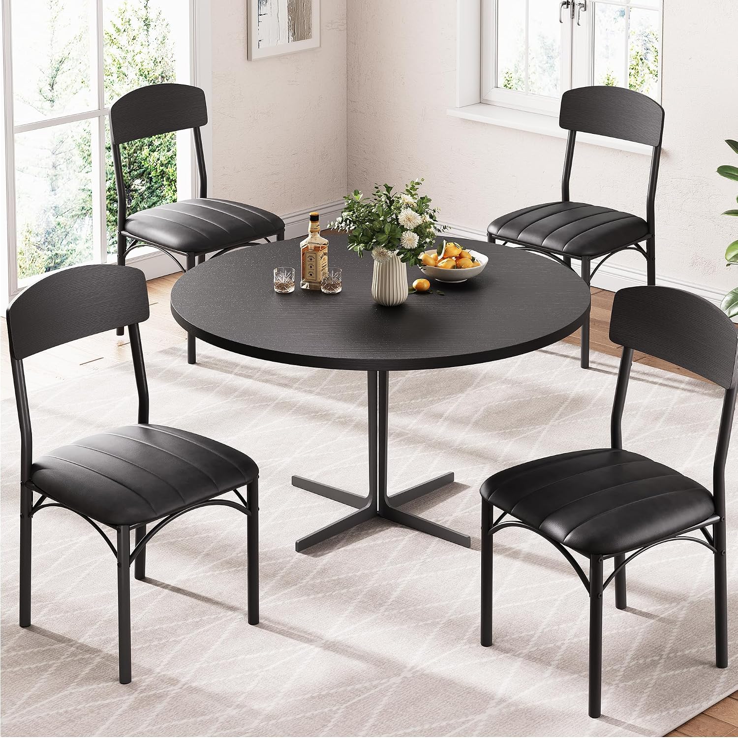 Jocoevol Dining Chairs Set of 4 - Upholstered Dining Room Chairs with PU Leather, Industrial Kitchen Chairs with Wooden Backrest and Thickened Metal Legs, for Dining Room, Living Room（Black）