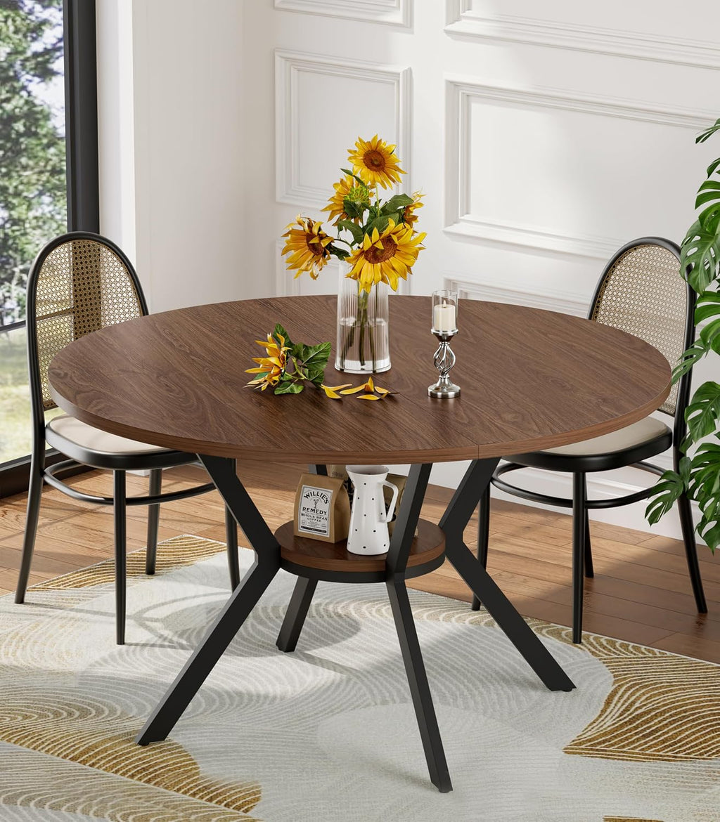 42' Round Dining Table for 4, Farmhouse Kitchen Table with Storage, Space Saving Circle Dinner Table, Rustic Wood Kitchen & Dining Room Tables with Metal Legs for Kitchen, Living Room, Dining Room