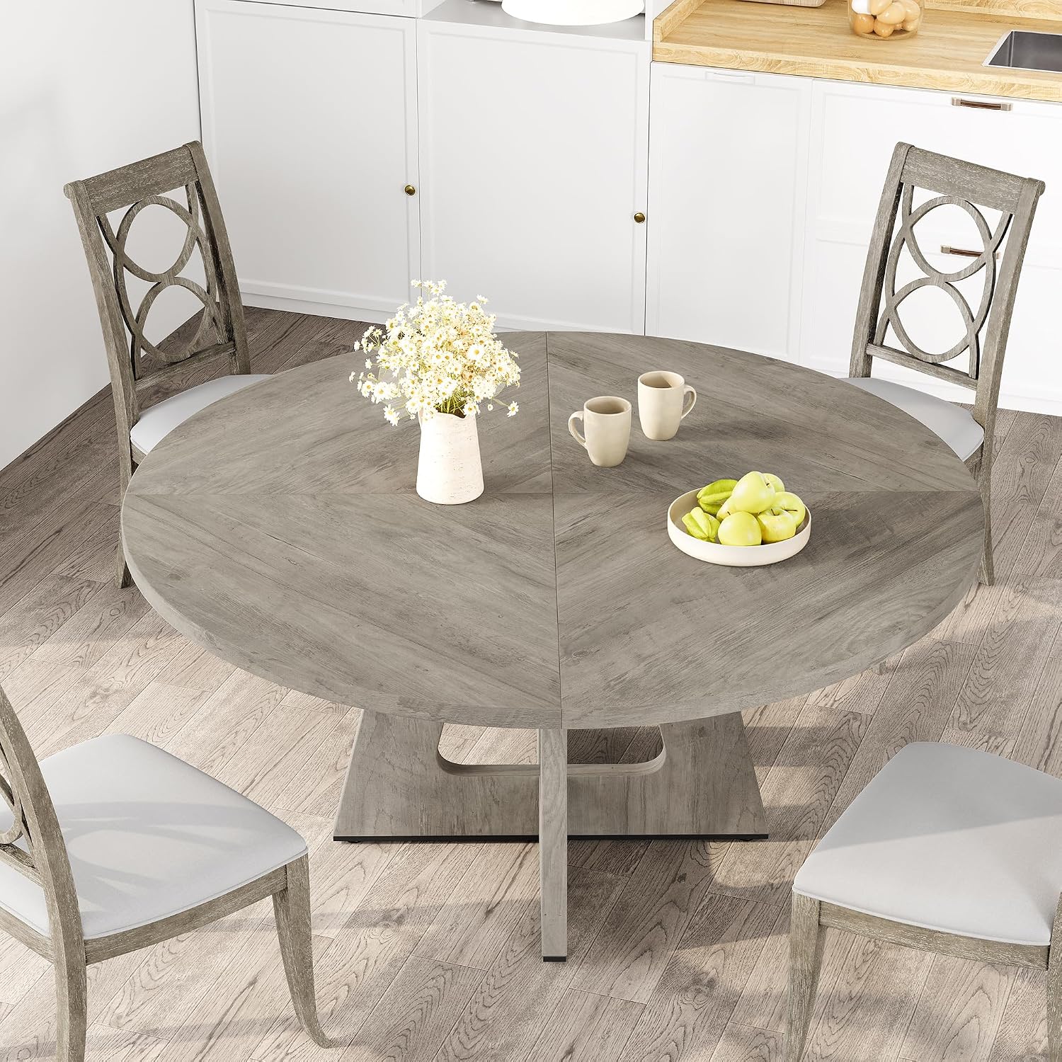 IDEALHOUSE 47' Round Dining Table Set for 4 to 6, Farmhouse Kitchen Table with Wooden Top and Pedestal Base, Circle Dinner Table for Dining Room, Kitchen Room - Grey (No Chairs)