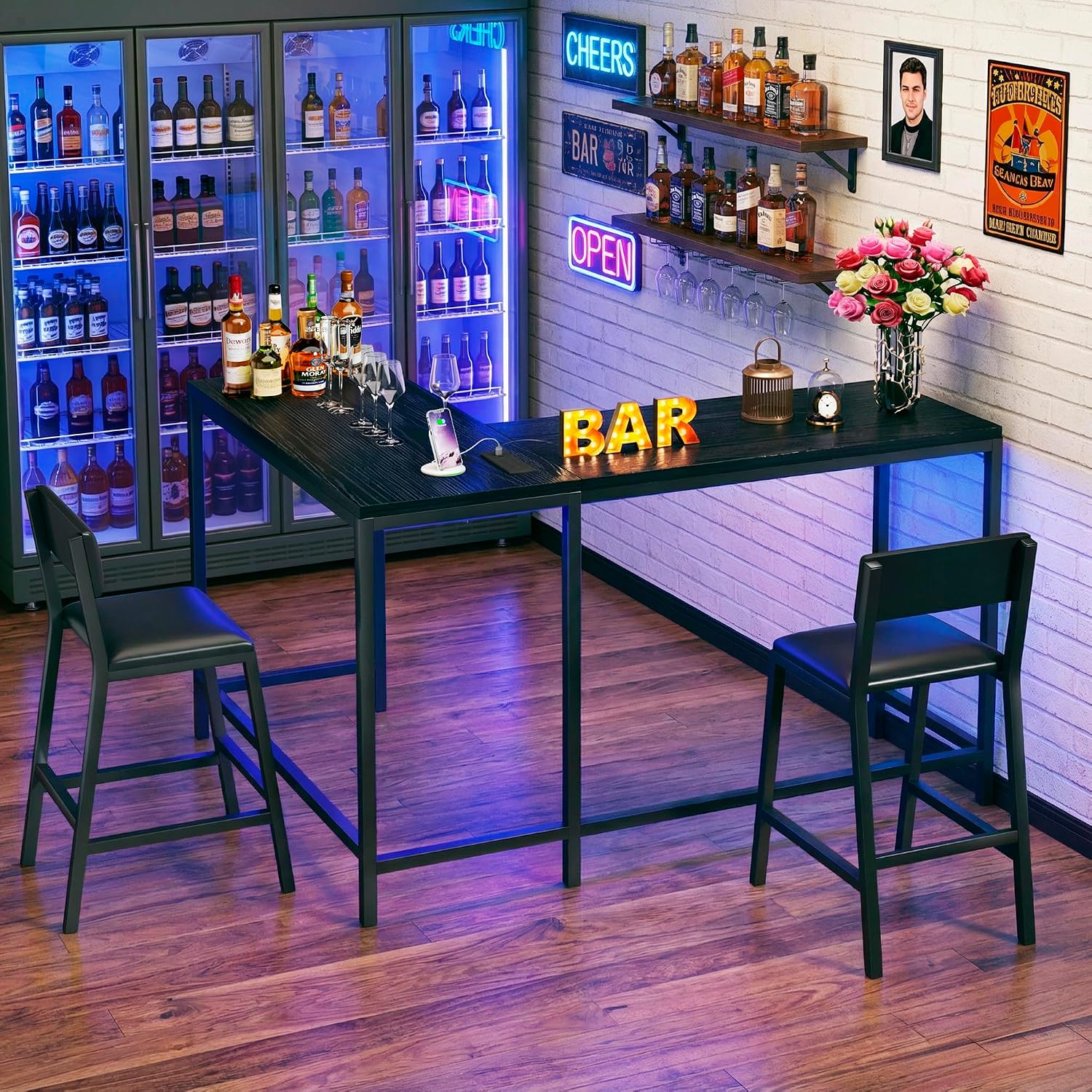 Bar Table and Chairs Set, 3 Piece Convertible L-Shaped Kitchen Table with 2 PU Leather Bar Stools, 63'' Counter Height Small Dining Table with Power Outlets, Space Saving, Breakfast Nook Corner, Black