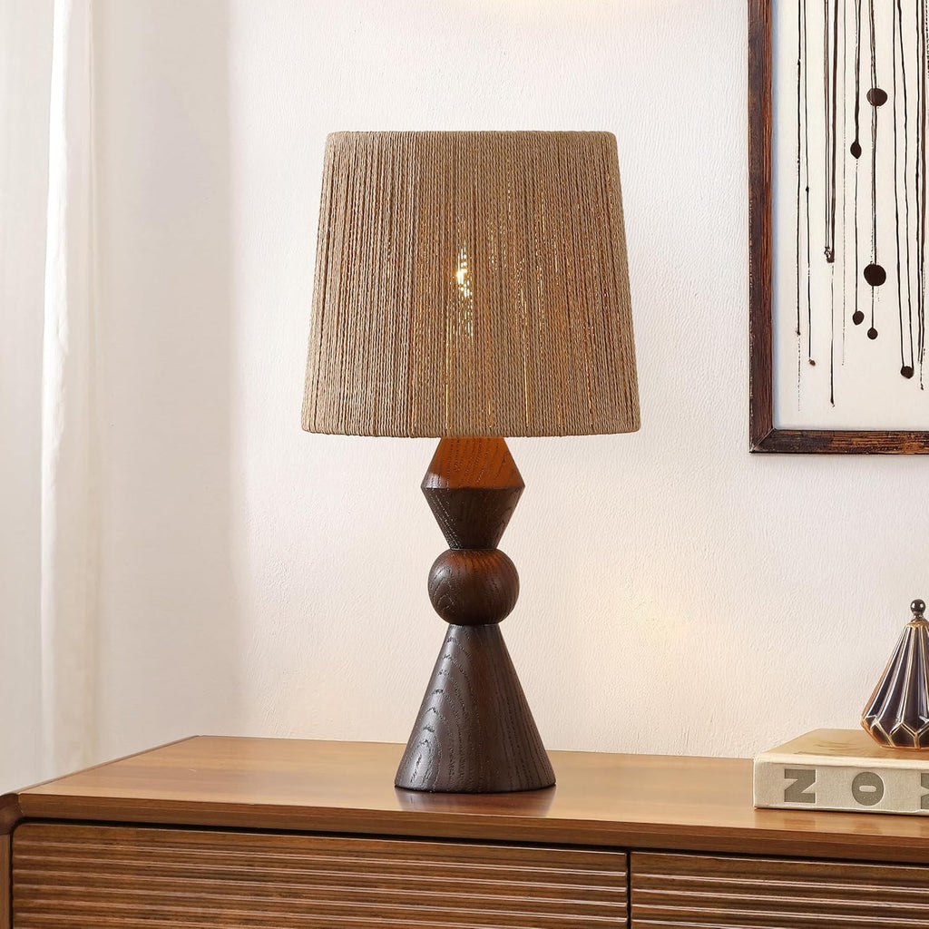 JONATHAN Y 23.5' Dark Brown Wood Finish Rustic Table Lamp for Living Room Bedroom with Brown Paper Rope Shade, Modern Farmhouse Resin Nightstand Lamp, LED Bulb Included (JYL9202B)