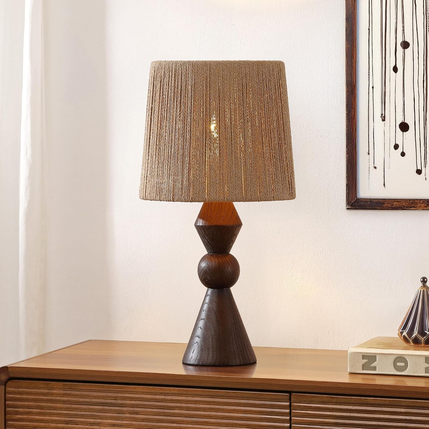 JONATHAN Y 23.5' Dark Brown Wood Finish Rustic Table Lamp for Living Room Bedroom with Brown Paper Rope Shade, Modern Farmhouse Resin Nightstand Lamp, LED Bulb Included (JYL9202B)