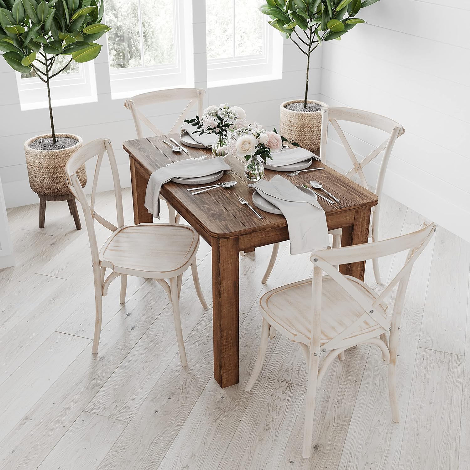 Merrick Lane Jessamine 46' x 30' Rectangular Rustic Solid Pine Farm Dining Table, Antique Farmhouse Wooden Dining Table for Kitchens and Parties, Antique Rustic