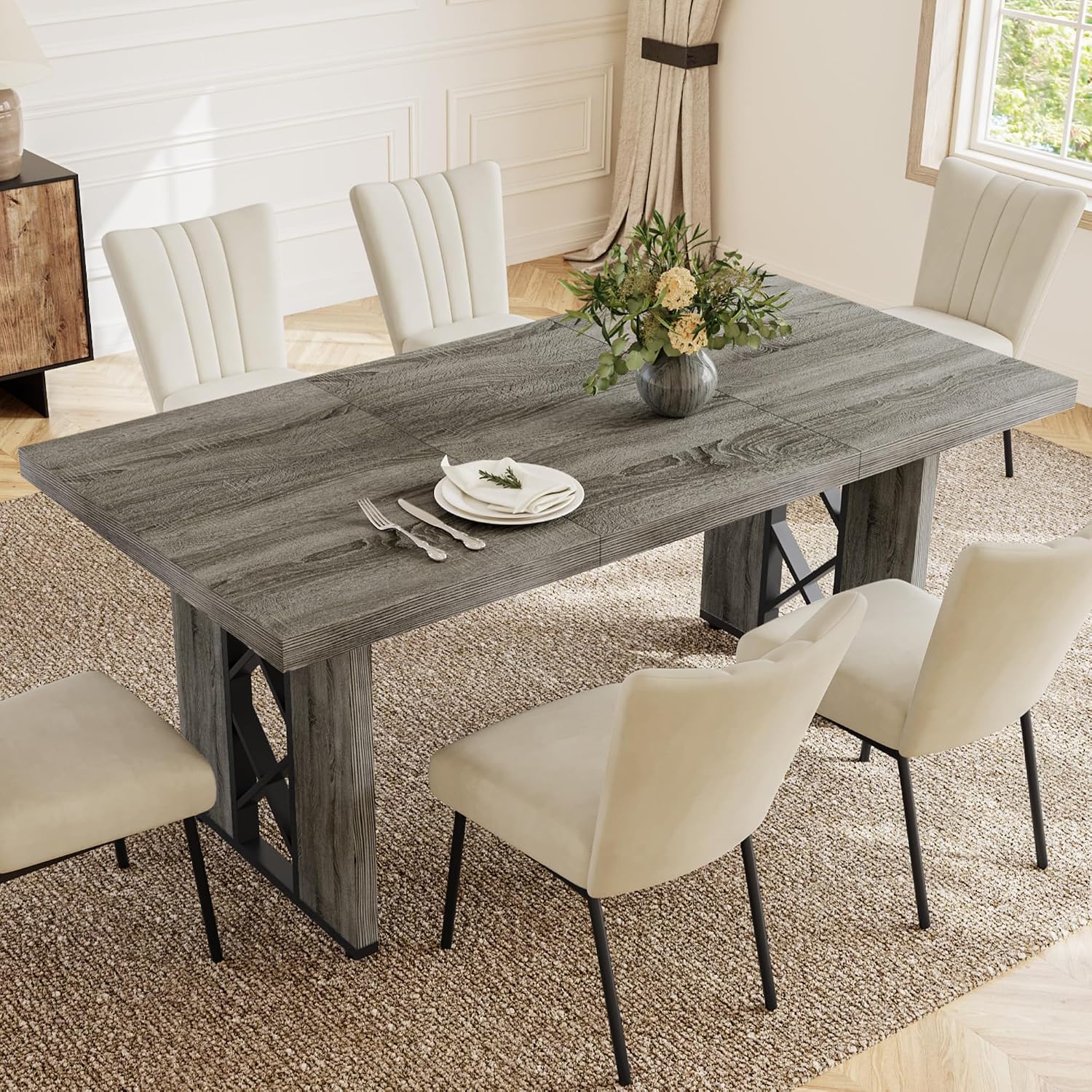 HIPIHOM 7-Piece Dining Table Set for 6 People, 70.8' MDF Kitchen Table with 6 Velvet Chairs, Space-Saving for Dining Room, Breakfast Nook(Grey Table+6 Beige Chairs)