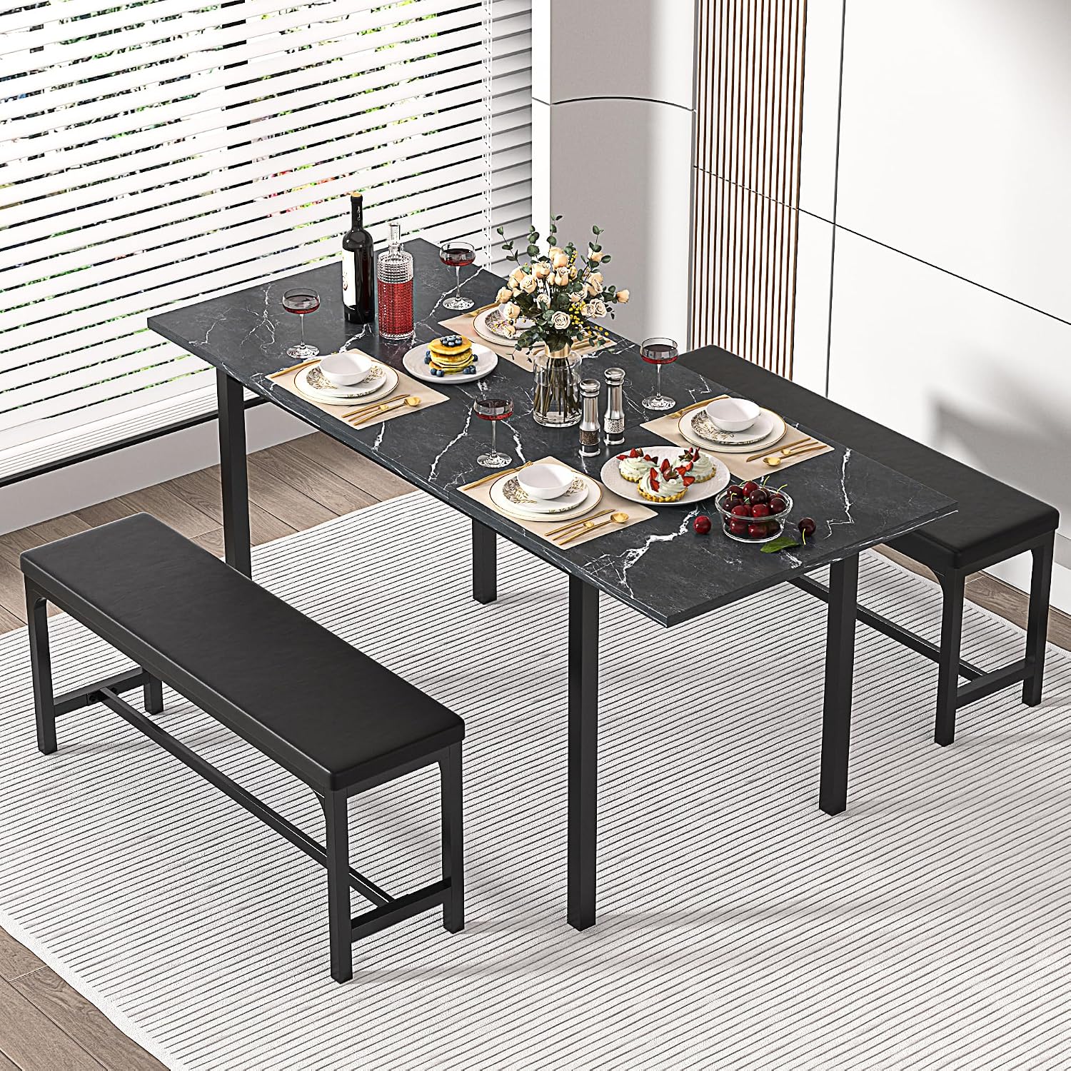 VECELO 3-Piece 63' Extendable Kitchen Table with Benches/Chairs, Modern Breakfast Dinette/Dining Room Set for 4/6/2, Small Space Saving Design, Easy Assembly