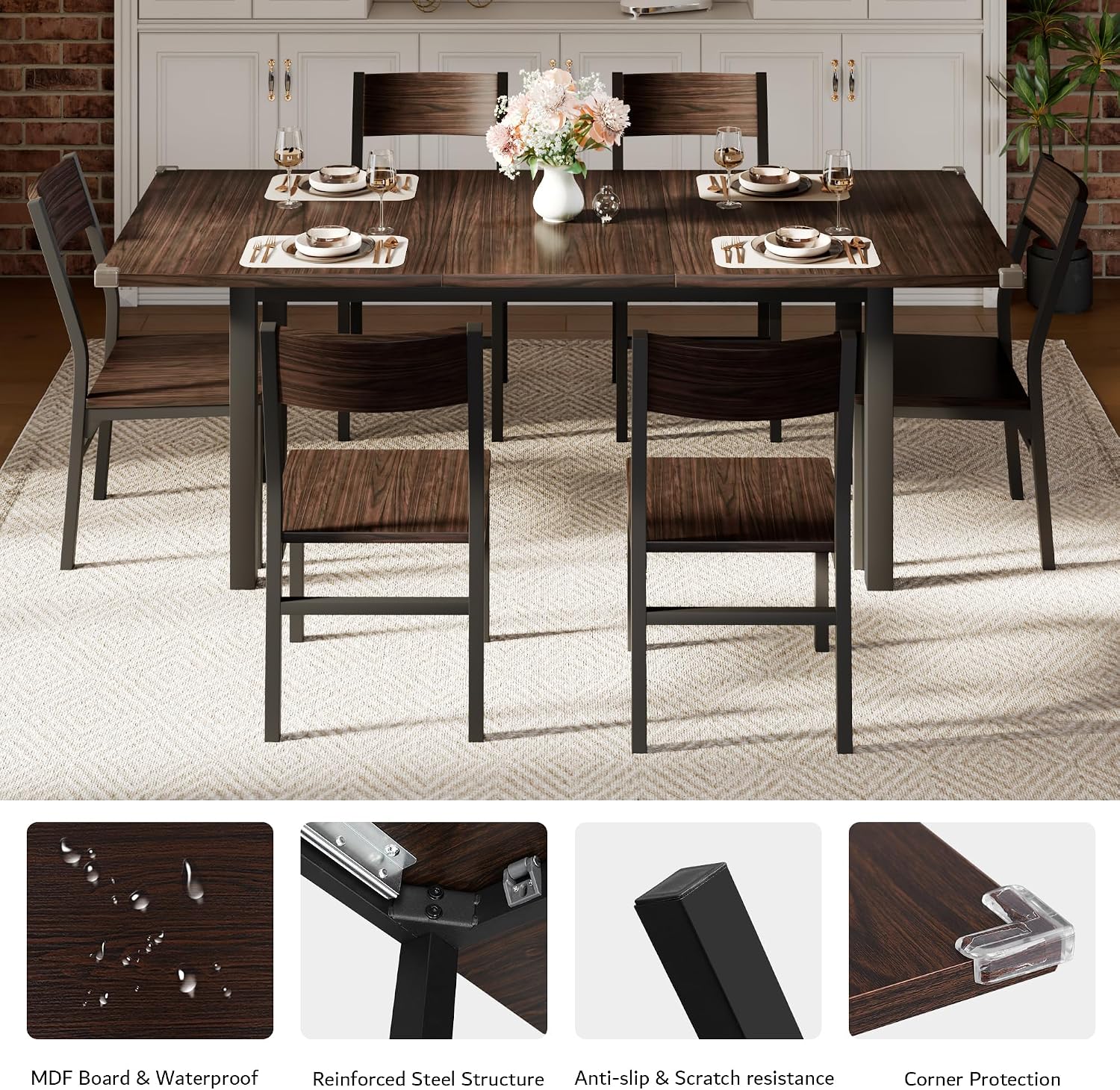 iPormis 7 Pieces Dining Table & Chairs Set for 4-6, 63' Extendable Kitchen Table and 6 Chairs, Dining Room Table with MDF Board & Metal Frame, Perfect for Small Space, Easy Clean, Espresso