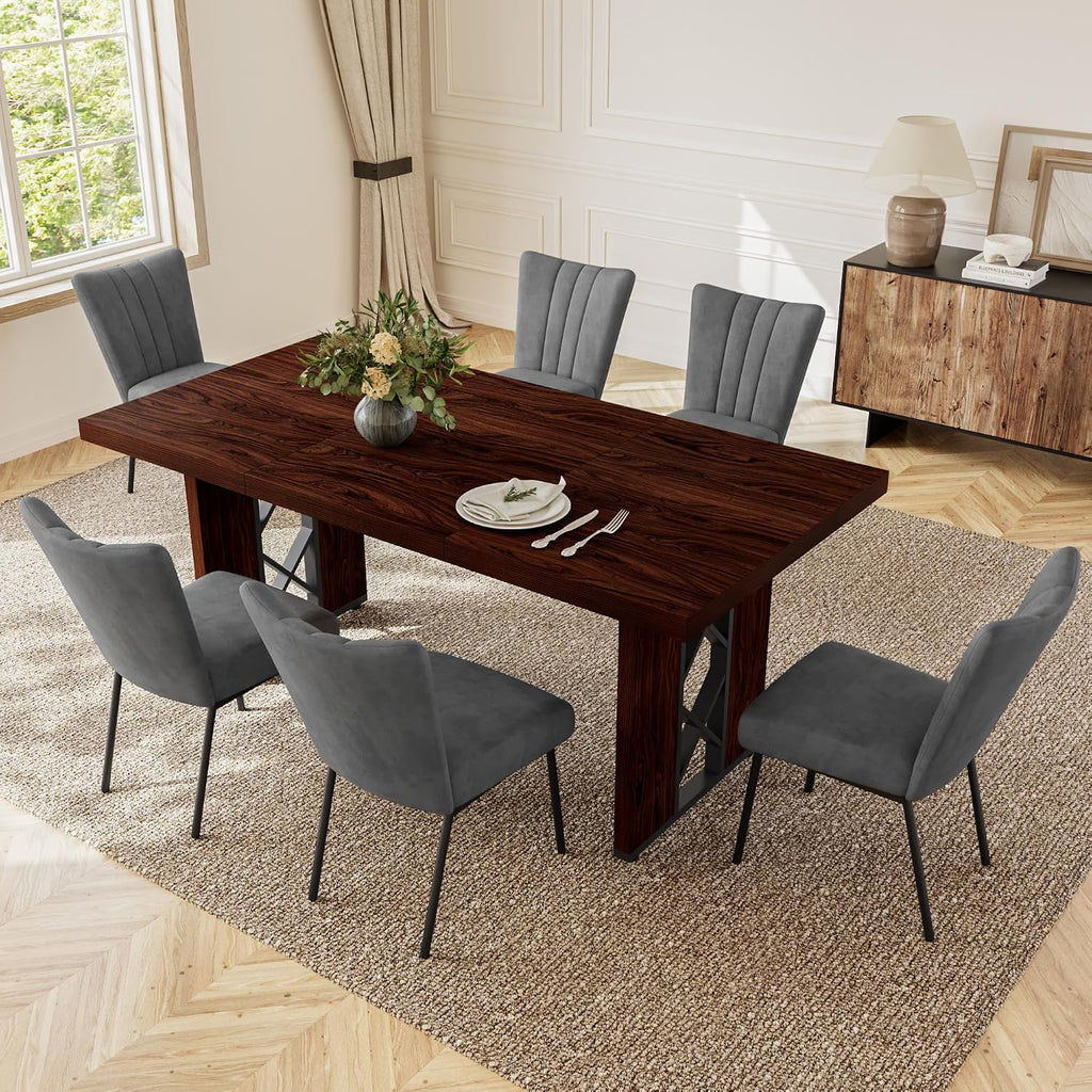 HIPIHOM 7-Piece Dining Table Set for 6 People, 70.8' MDF Kitchen Table with 6 Velvet Chairs, Space-Saving for Dining Room, Breakfast Nook(Walnut Table+6 Grey Chairs)