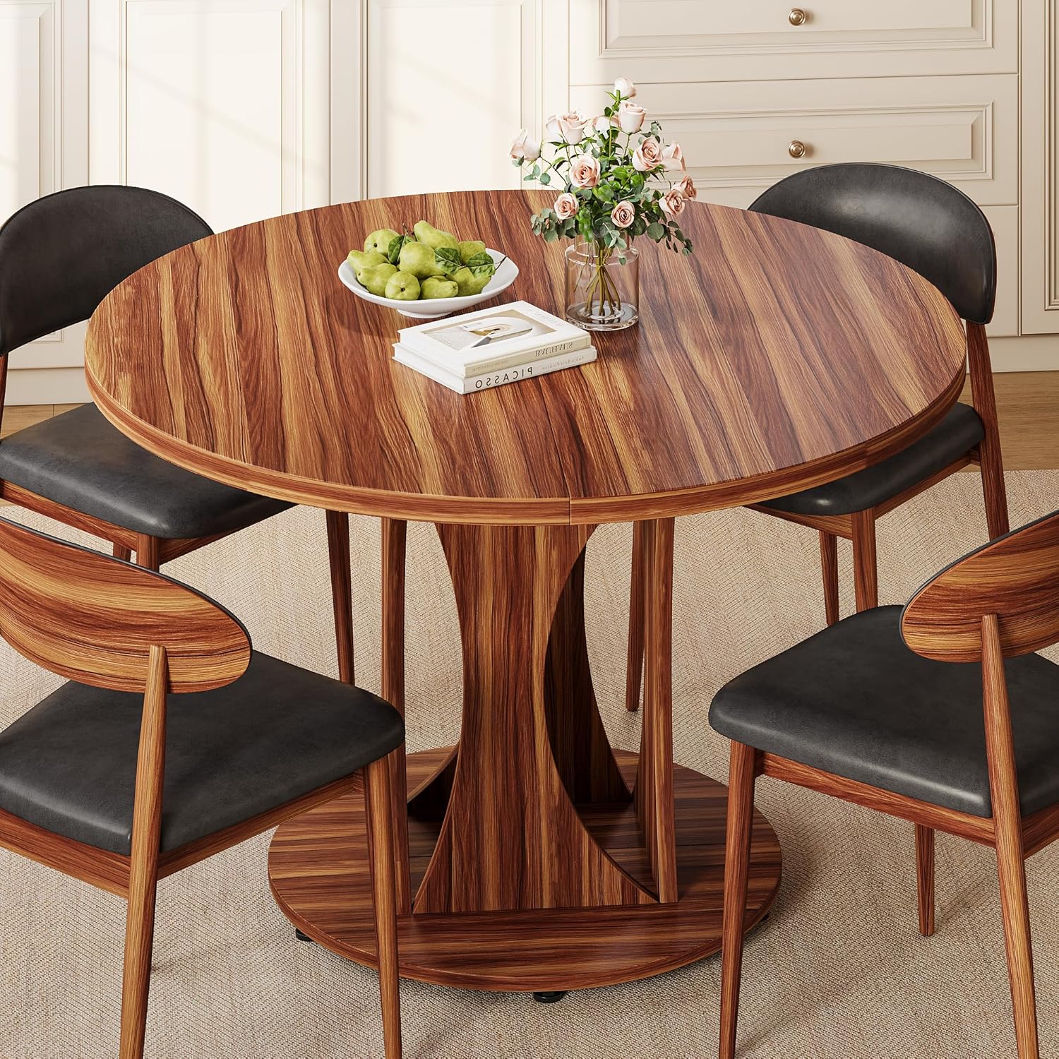 Einhomn 59' Extendable Round Dining Table for 6-8, Kitchen Table with Sturdy Double Arc Base & Backboard Clasp Desktop, Mid-Century Modern Dinner Table, Kitchen Dining Room, Space Saving, Walnut