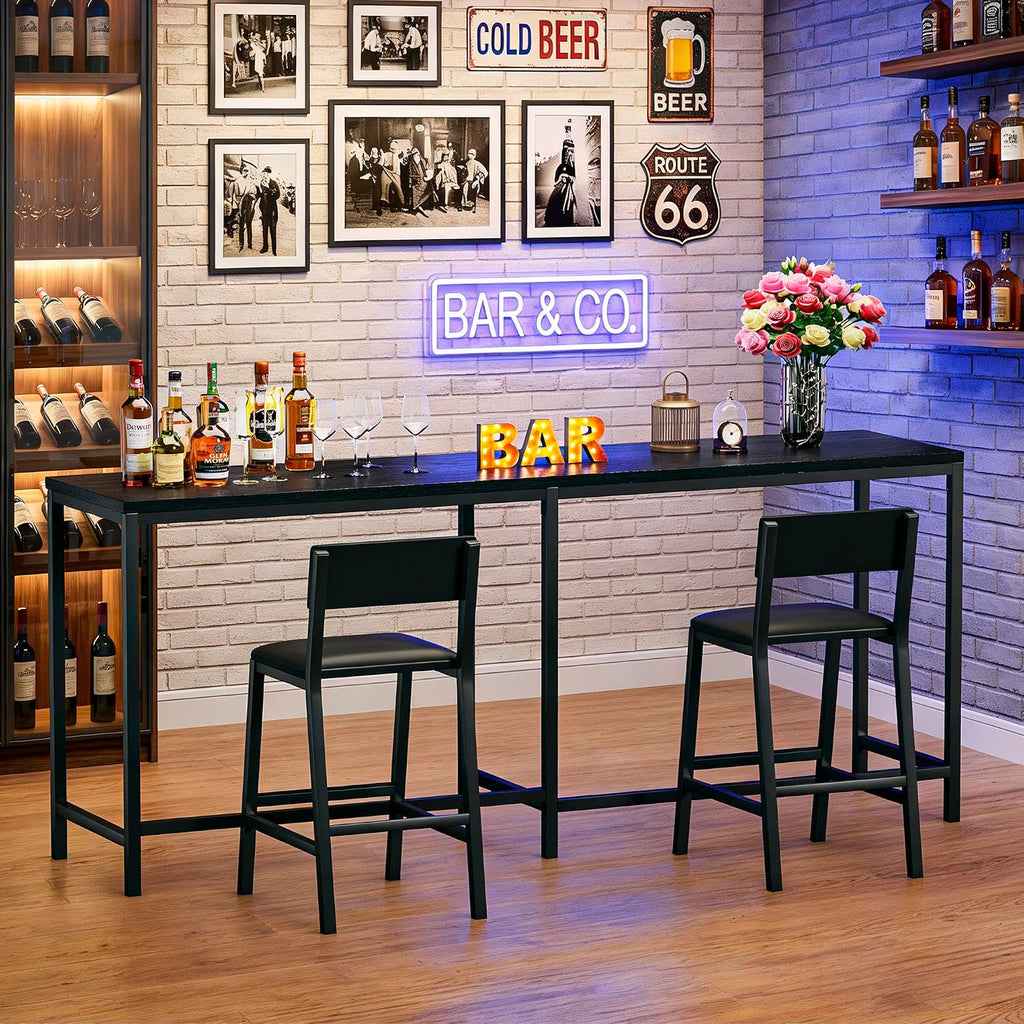 Bar Table and Chairs Set, 3 Piece Convertible L-Shaped Kitchen Table with 2 PU Leather Bar Stools, 63'' Counter Height Small Dining Table with Power Outlets, Space Saving, Breakfast Nook Corner, Black