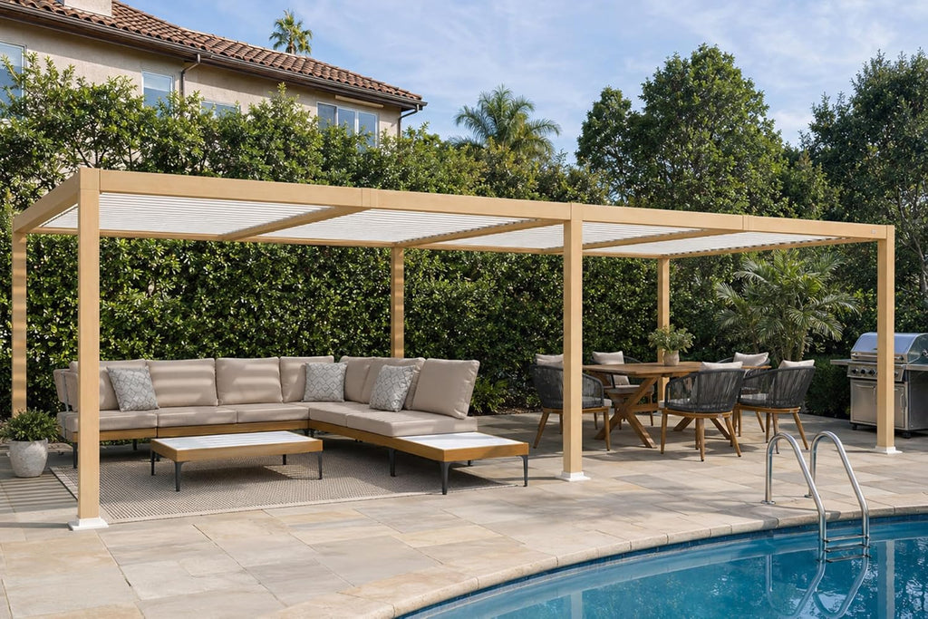 PURPLE LEAF 11' x 28' Louvered Pergola Outdoor Wood Grain Aluminum Large Pergola with Adjustable Roof Retractable Patio Rainproof Hardtop Gazebo for Deck Backyard Garden