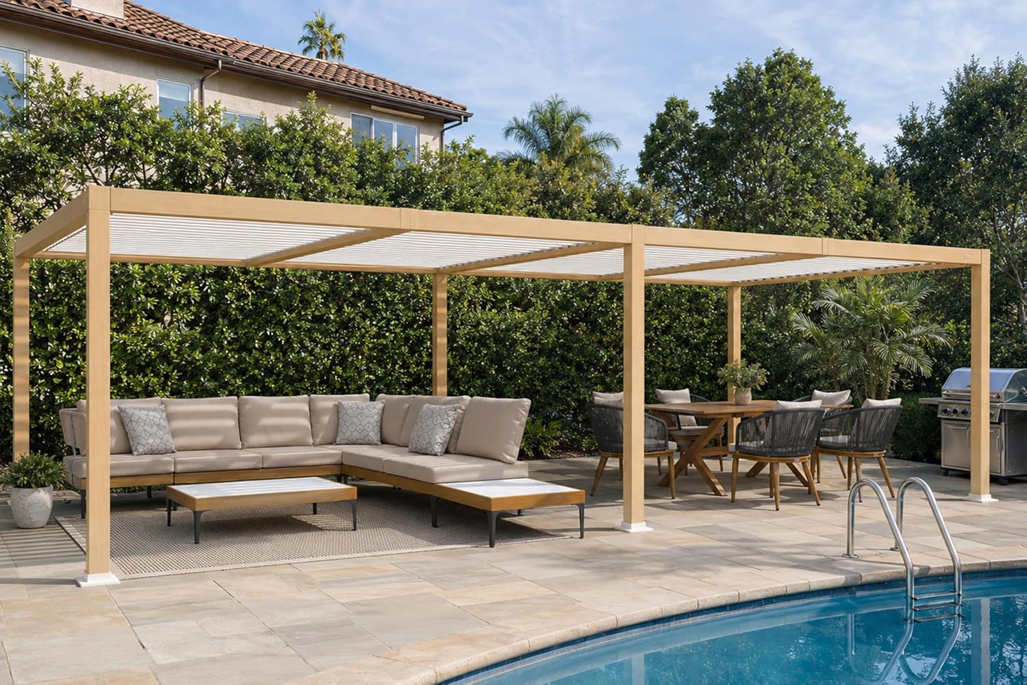 PURPLE LEAF 11' x 28' Louvered Pergola Outdoor Wood Grain Aluminum Large Pergola with Adjustable Roof Retractable Patio Rainproof Hardtop Gazebo for Deck Backyard Garden