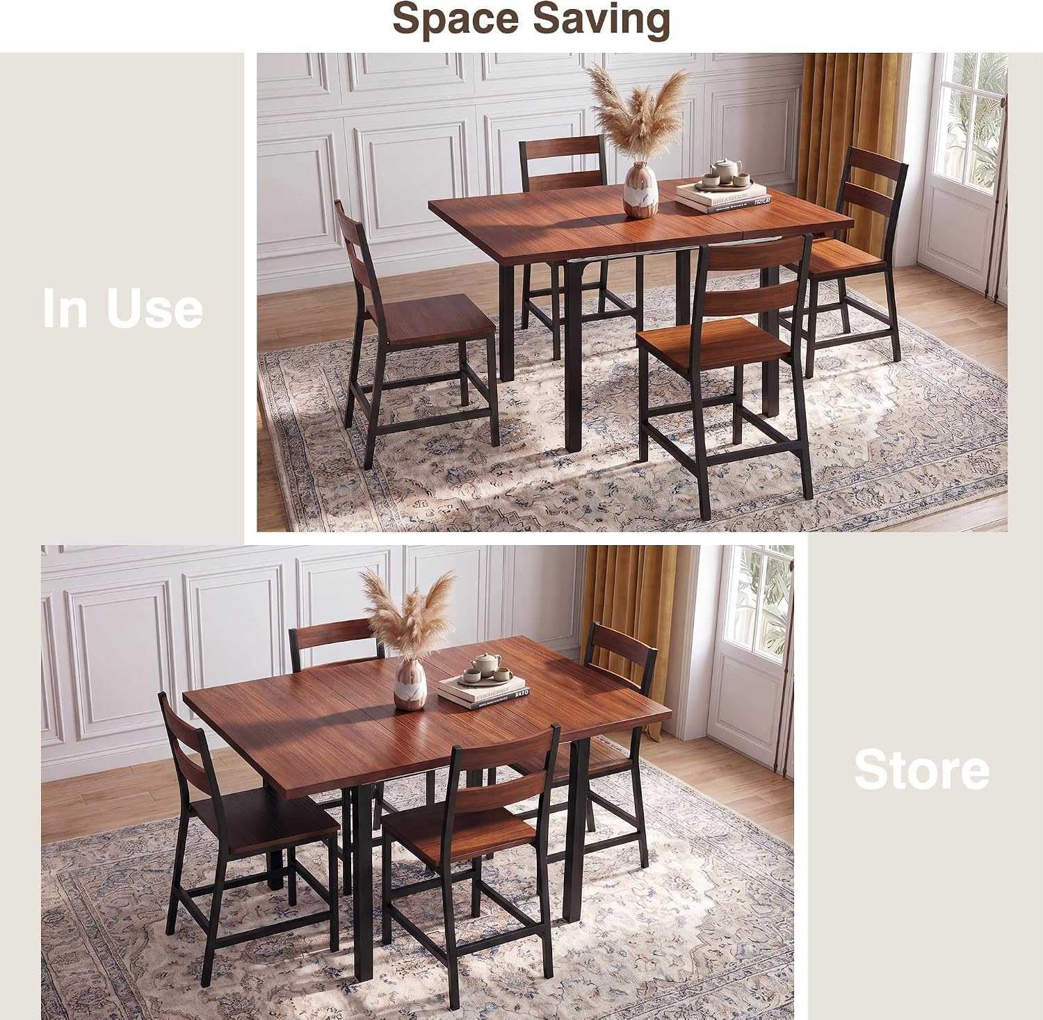 HUAHUU Extendable Dining Table Set for 4, Wood Kitchen Table with 4 Curved Backrest Chairs, Dining Room Table with MDF Board & Metal Frame, Saving Space for Small Apartment, Easy Assembly, Walnut
