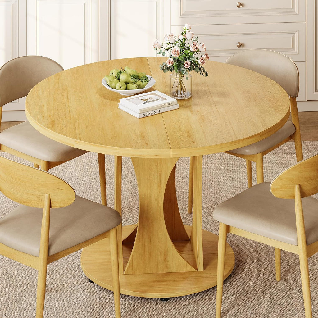 Einhomn 59' Extendable Round Dining Table for 6-8, Kitchen Table with Sturdy Double Arc Base & Backboard Clasp Desktop, Mid-Century Modern Dinner Table, Kitchen Dining Room, Space Saving, Natrual