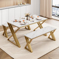 GarveeHome Kitchen Table with 2 Benches, Dining Table Set for 4 with Faux Marble Tabletop, Saving Space Dining Room Table Set for Kitchen, Dining Room, Apartment, Sturdy Metal Frame