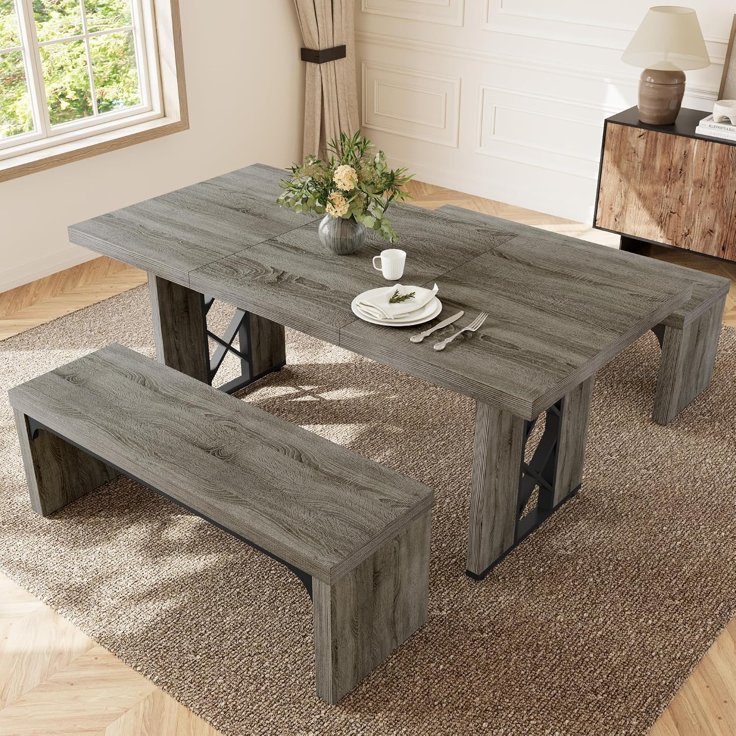 HIPIHOM 3-Piece Dining Table Set for 6 People, 70.8'' Rectangle Kitchen Table with 2 Benches for Breakfast Nook, Dining Room Furniture(Grey Table+2 Benches)