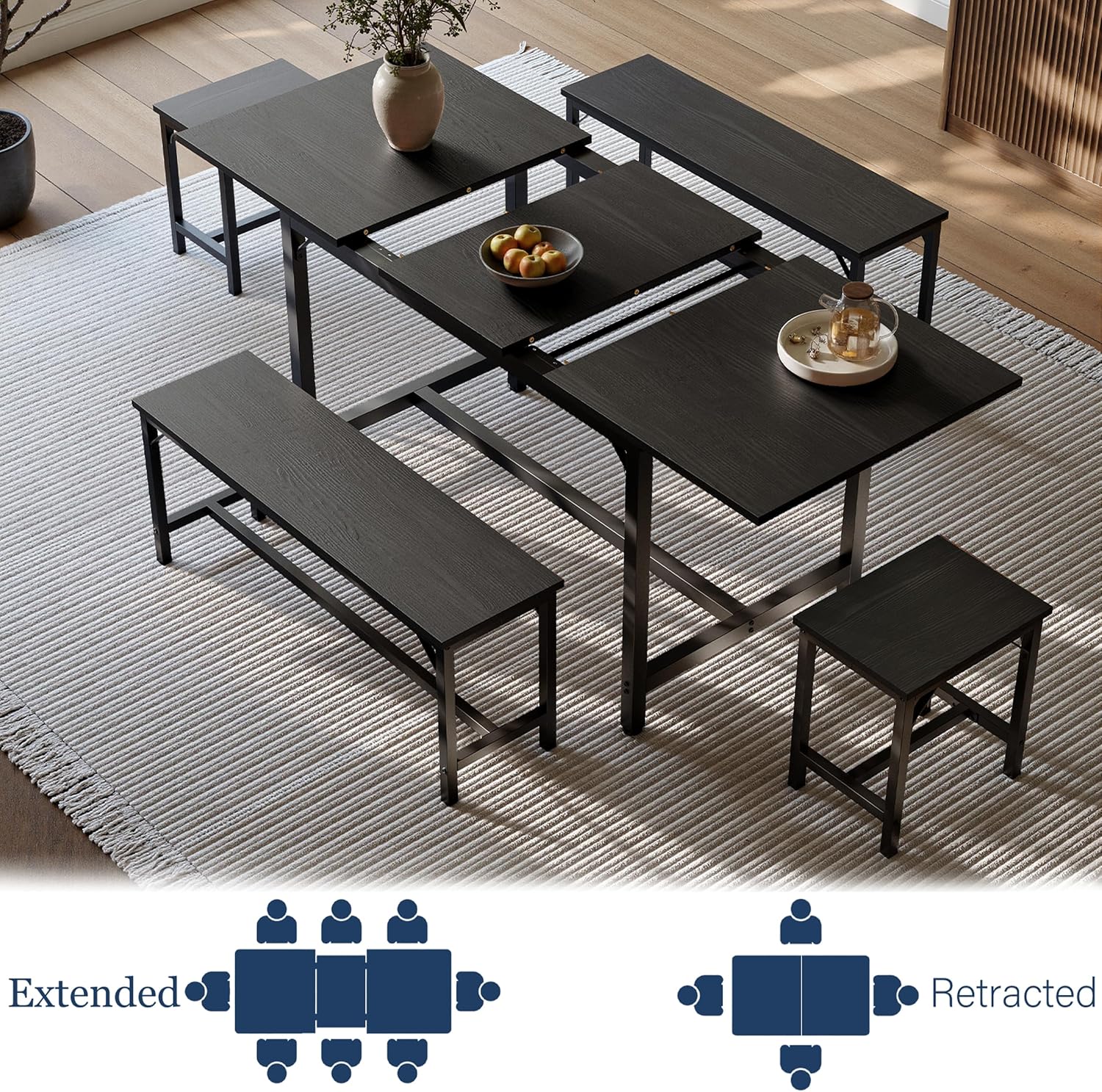 Tatub 5-Piece Dining Table Set for 4-8, 63' Extendable Dining Room Table with 2 Benches and 2 Square Stools, Space Saving Rectangle Kitchen Table Set for Breakfast Nook and Small Space, Black