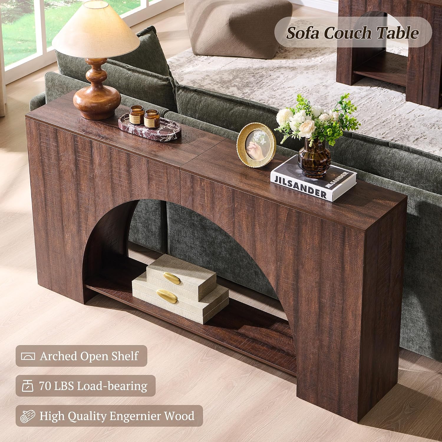 IFGET 63' Arched Console Table, 2-Tier Modern Entryway Table with Arched Base, Narrow Long Wood Sofa Table Behind Couch Table for Living Room, Hallway, Foyer, Brown