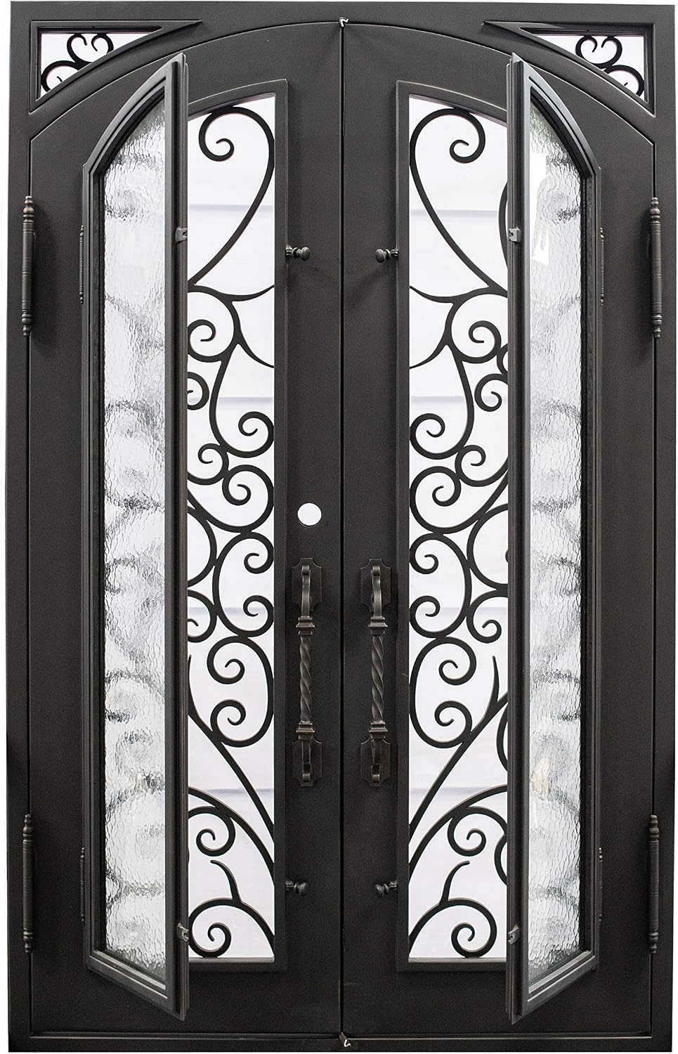 Carthage Exterior Pre-Hung Double Front Entry Door Wrought Iron with Operable Tempered Aqua Lite Glass Inside Swing Dark Bronze Finish (72 By 108 Right Hinge Active)