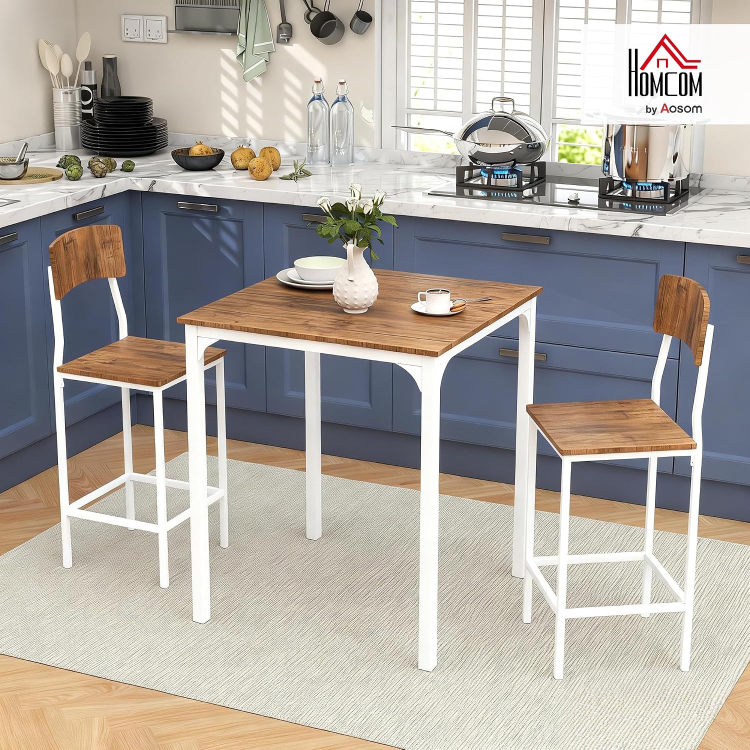 HOMCOM 3-Piece Counter Height Bar Table with Space-Saving Design, Square Kitchen Table and Chairs Set with Footrest, Metal Legs, Industrial Dining Table Set for 2, Walnut and White