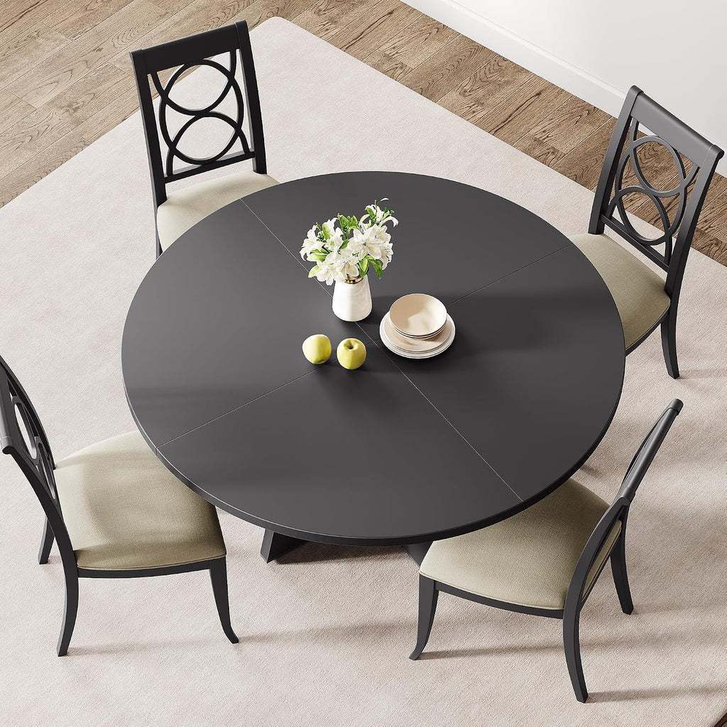 IDEALHOUSE 47' Round Dining Table Set for 4 to 6, Farmhouse Kitchen Table with Wooden Top and Pedestal Base, Circle Dinner Table for Dining Room, Kitchen Room - (No Chairs) (Black)