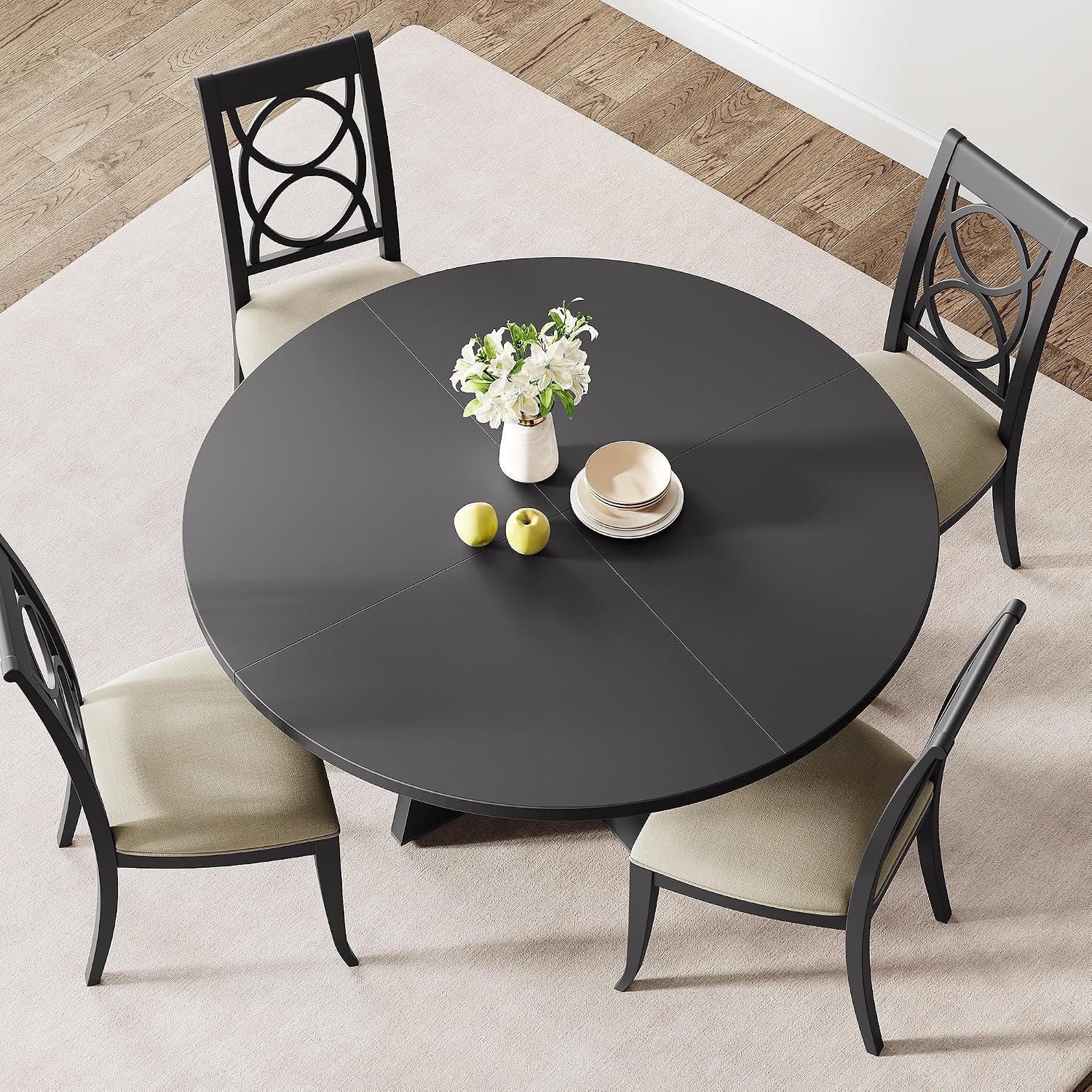 IDEALHOUSE 47' Round Dining Table Set for 4 to 6, Farmhouse Kitchen Table with Wooden Top and Pedestal Base, Circle Dinner Table for Dining Room, Kitchen Room - (No Chairs) (Black)