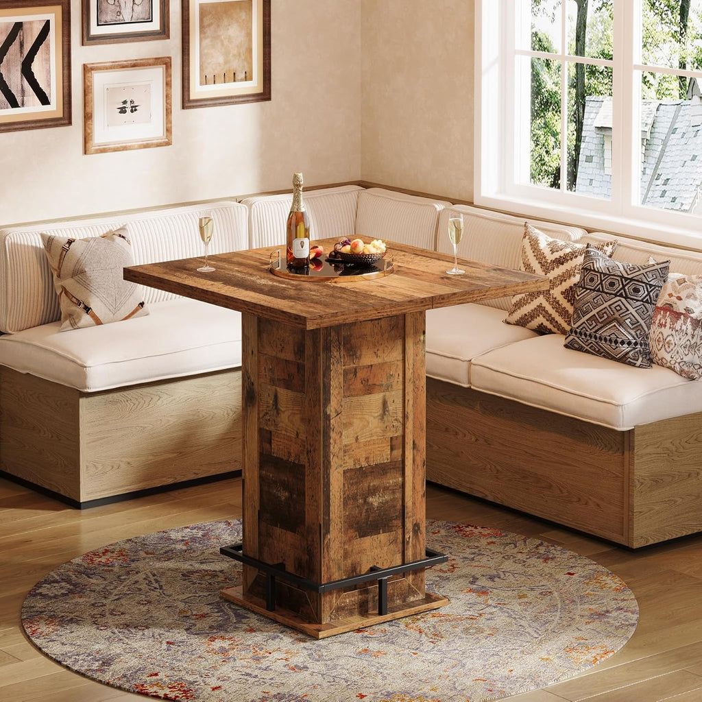 Tribesigns 39.4' H Square Bar Table, Industrial High Top Bistro Pub Cocktail Table with Metal Footrest for Kitchen Nook, Home Bar, Small Bars, Dark Brown (Table Only)