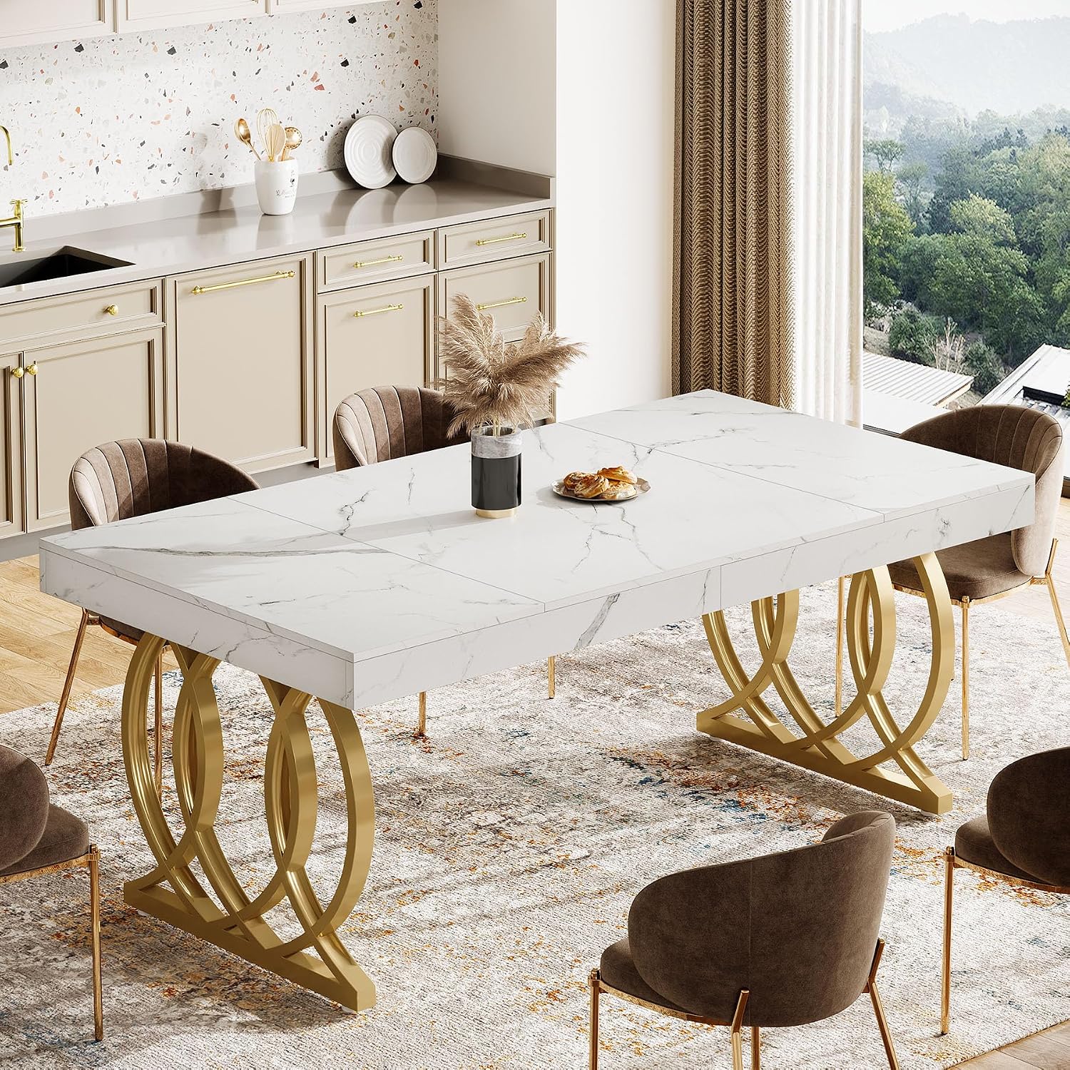 Tribesigns 63-Inch Dining Table for 4-6, Modern Kitchen Table with Faux Marble Tabletop and Geometric Legs, Rectangle Dining Room Furniture for Living Room, Kitchen, White and Gold